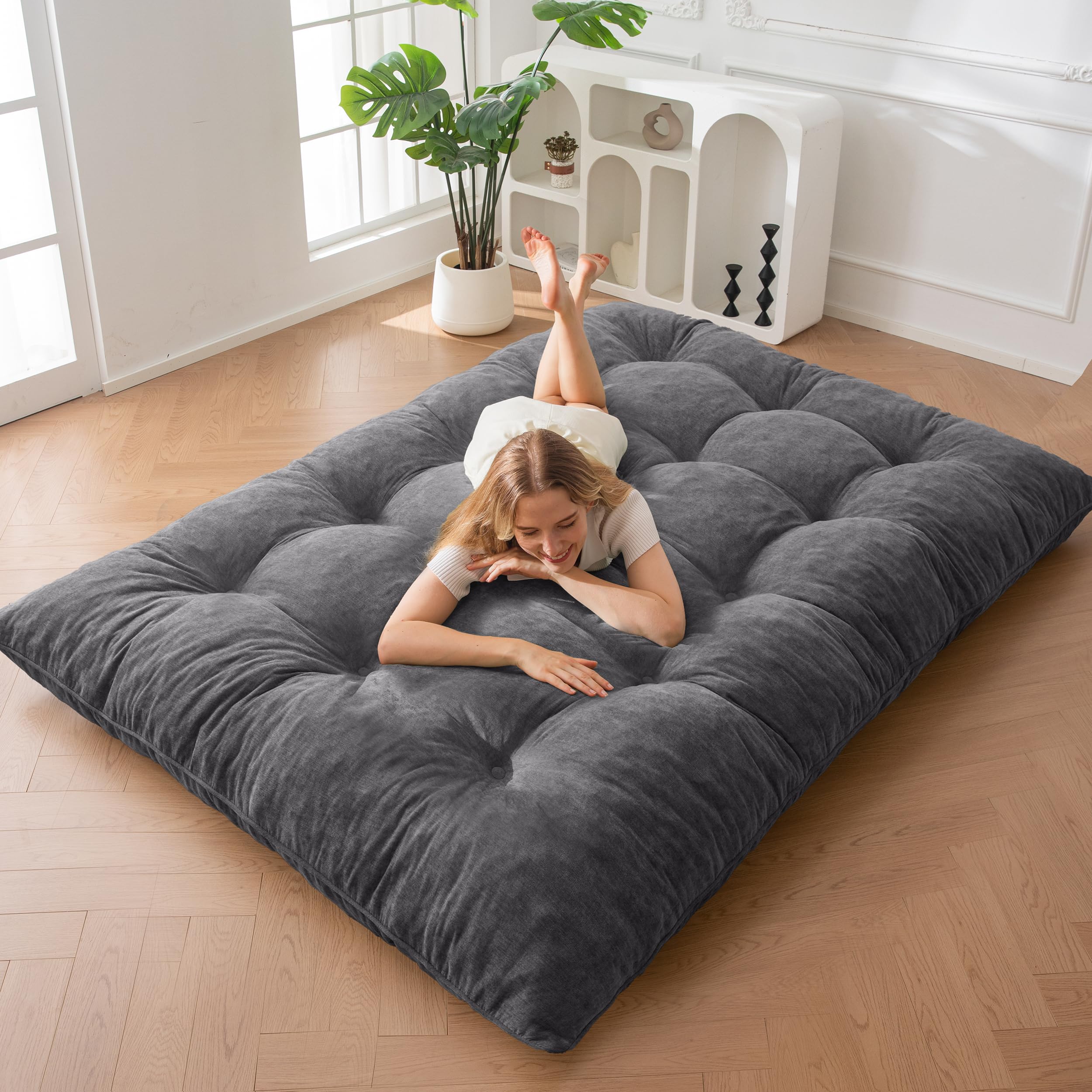 MAXYOYO Futon Mattress, Chenille Fabric, 15cm Thicken, Roll Up Futon Sofa Bed Filled Shredded Foam, Buttoned Craft, Practical Folding Floor Mattress Pad (Frame Not Included)