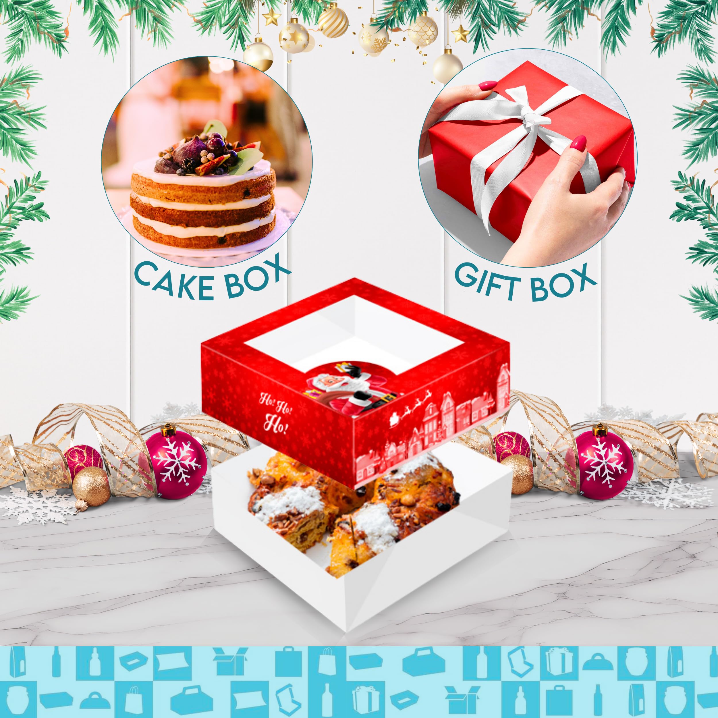 Espirito Rebelde 50 cajas de cartón para tartas con ventana (24 x 24 x 7,5 cm) – Diseño de Navidad, caja de panadería – Cajas para tartas de Navidad, galletas, magdalenas