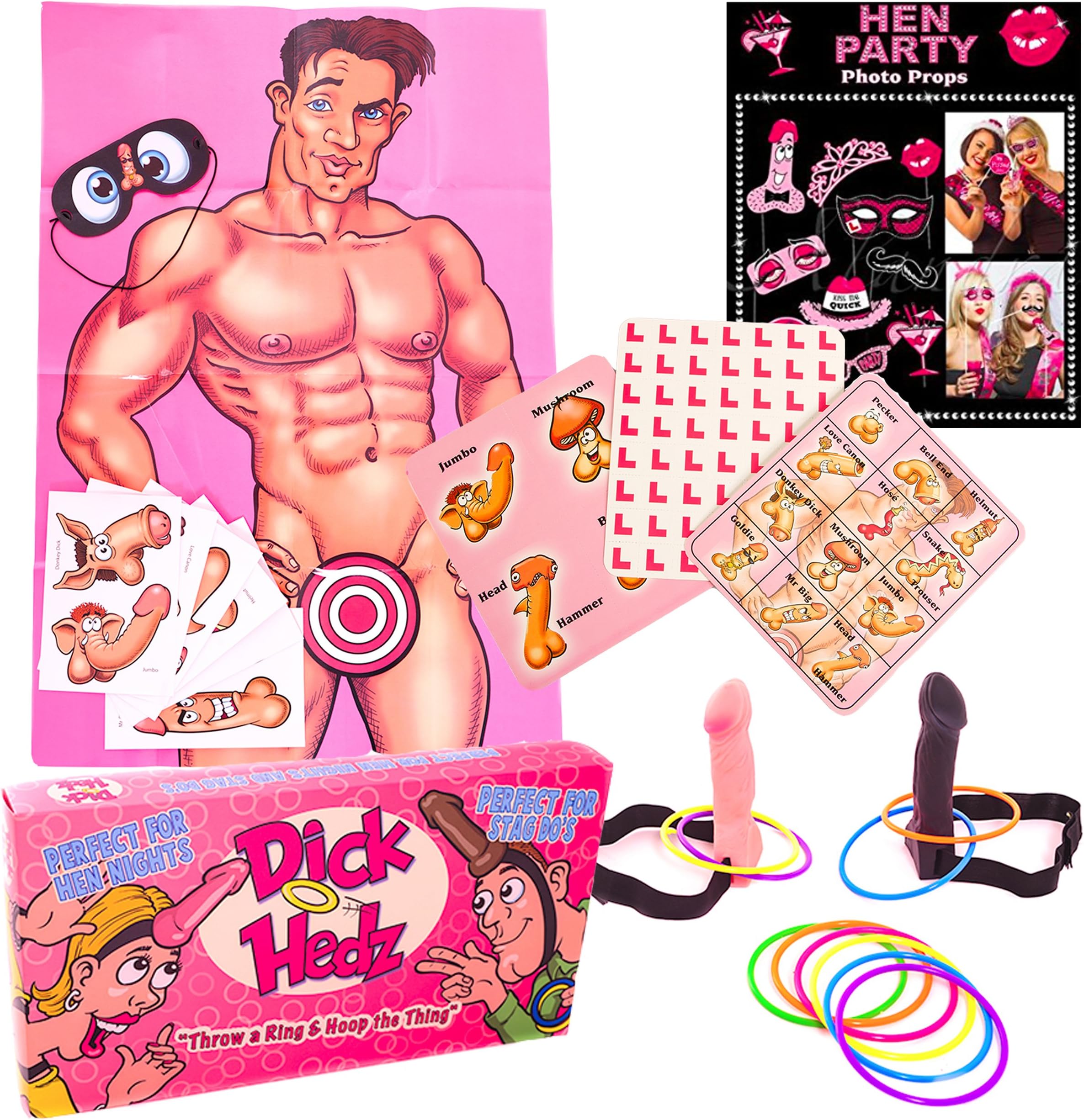 4 Hen Party Games: Pin the Junk on the Hunk / Pin the Willie, Willy Bingo, Dick Head Hoopla, Hen Photo Booth Props