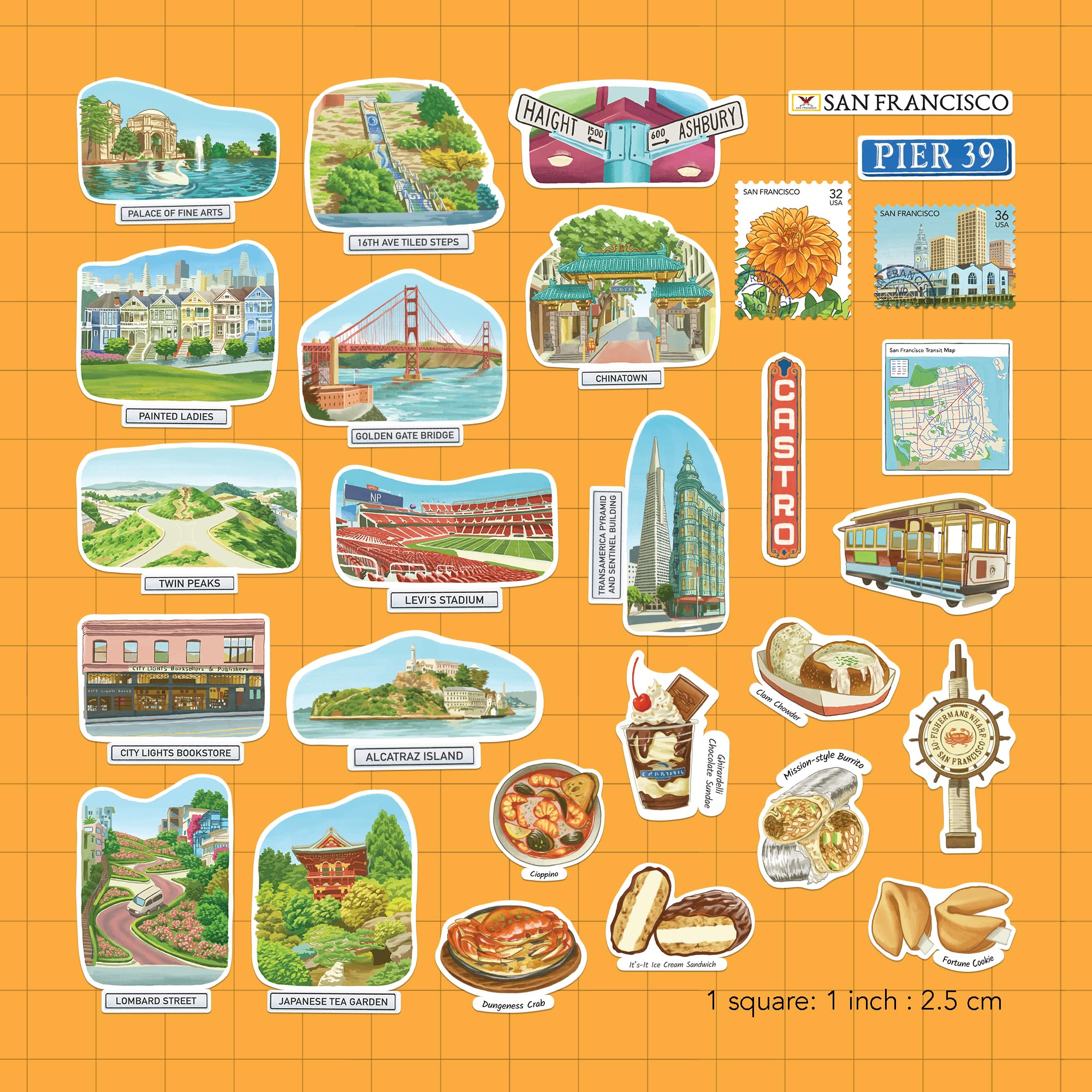 Navy Peony stickers grand format San Francisco — Illustrés à la main, gouache, finition brillante, imperméables (28 pièces)