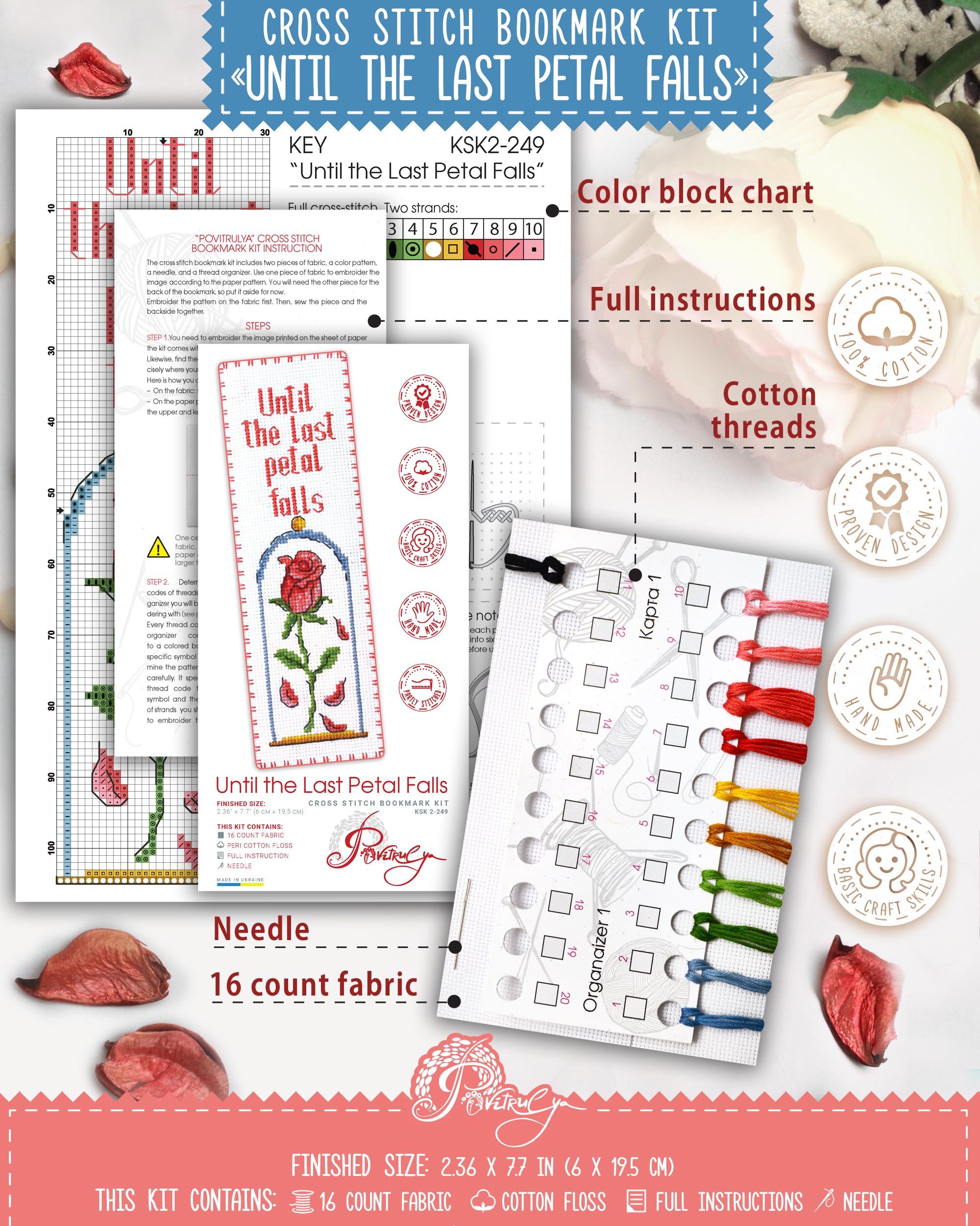 Povitrulya Until The Last Petal Falls, Counted Cross Stitch Bookmark Kit - Image 2