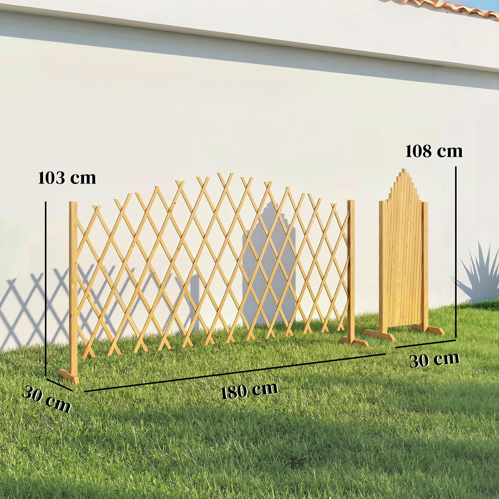 Outsunny Set de 2 Paneles de Vallas de Jardín Exterior de Madera, Puertas de Jardín Exterior Extensibles, Vallas de Jardín para Decoración Terraza, Patio, 180x30x103 cm, Natural