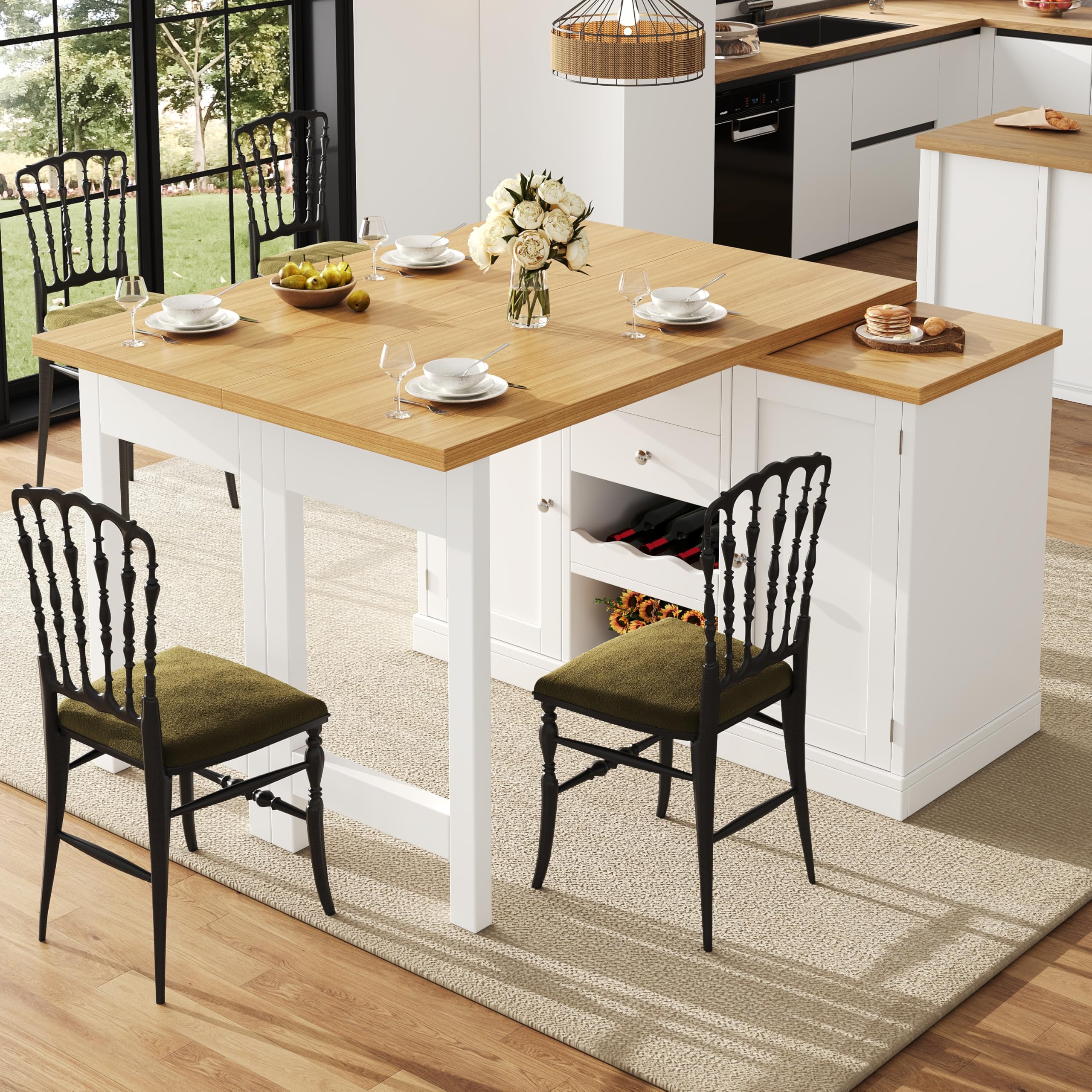 Merax 360° swivelling Dining Bar table Kitchen island, with white storage cabinet with 2 Doors with snack tray & 2 Drawers & Winerack and Folding extending table-40-80X120CM