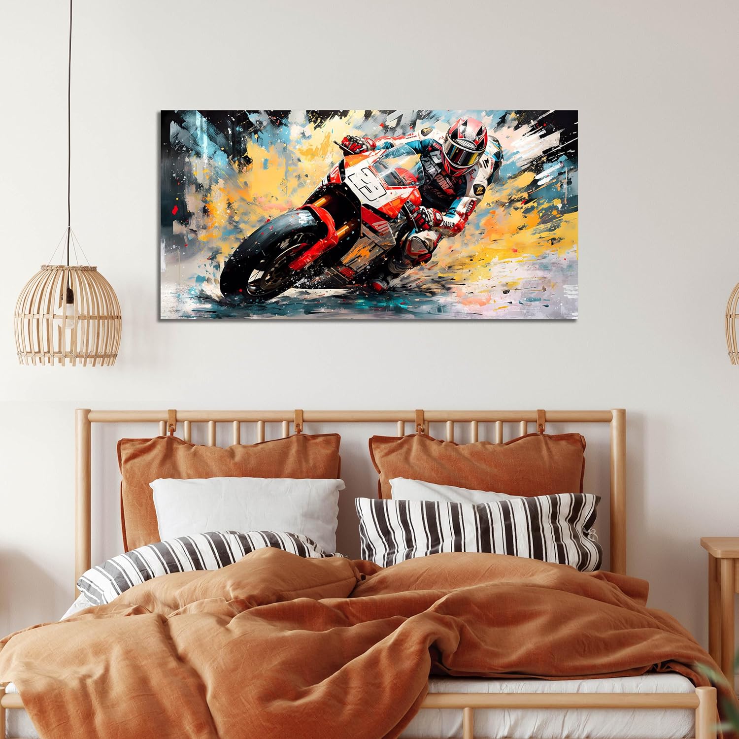 CANEITO Motorcycle Wall Art for Living Room, Modern Canvas Wall-Decor for Bedroom, Motorcyclist Racing Print Artwork for Office, Size 20x40 Inches