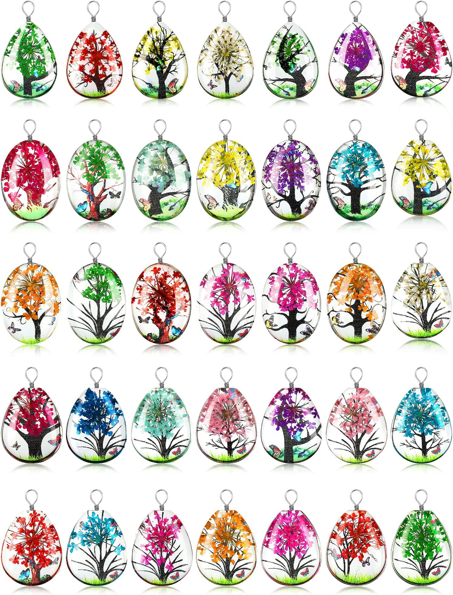 36 Pcs Dried Flower Tree Pendant Plant Pressed Flower Charms Spring Dried Floral Pendants Water Drop Transparent Lacework Resin Beads Mixed Color for DIY Necklace Bracelet Jewelry Making