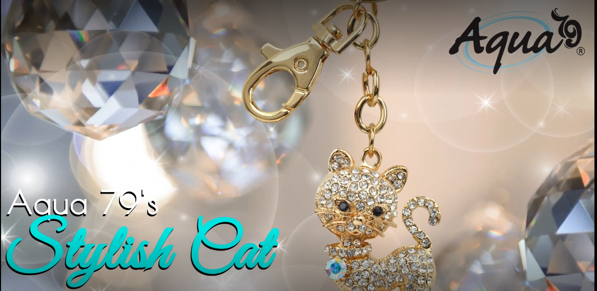 Aqua79 Stylish Cat Keychain - Gold 3D Sparkling Charm Rhinestones
