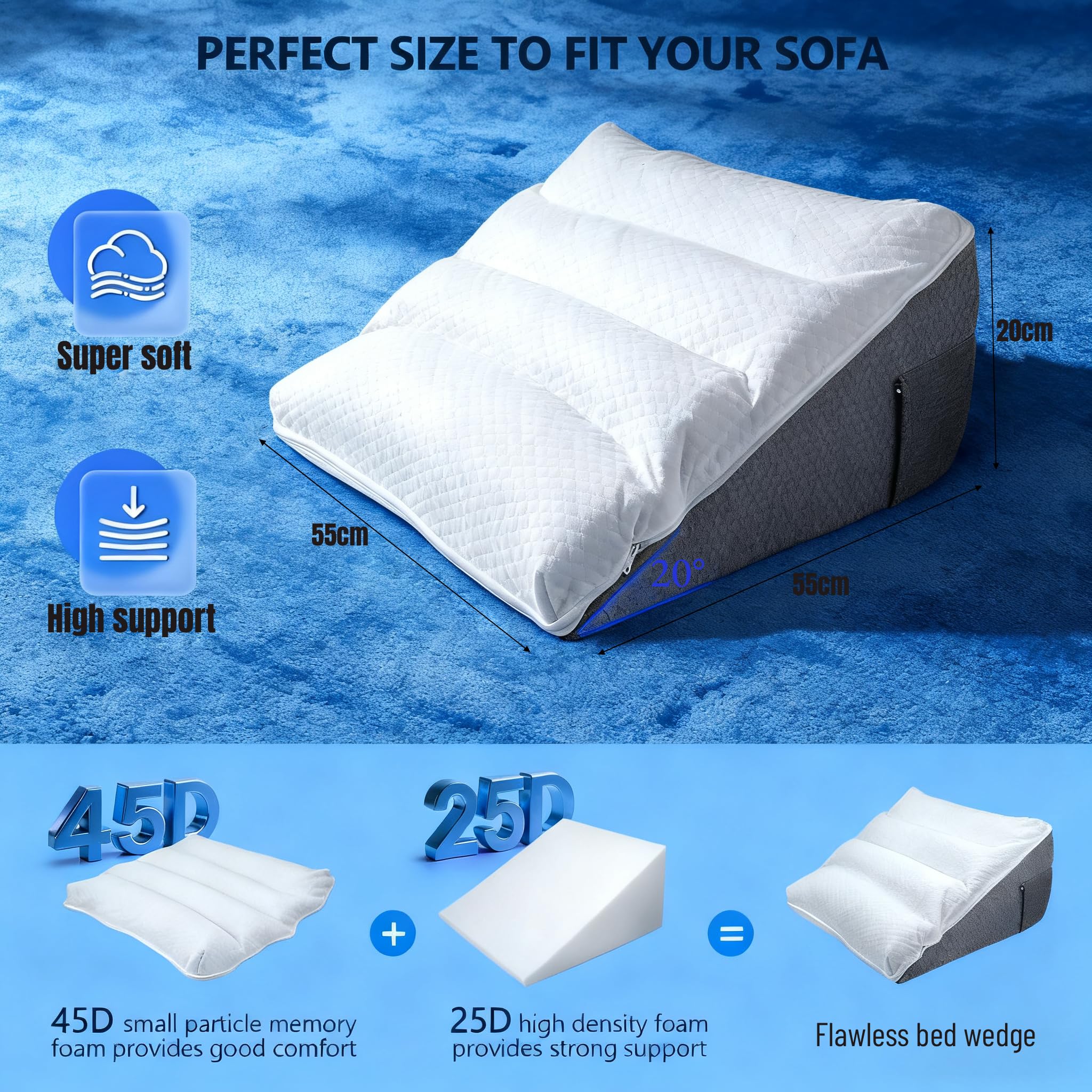 Coussin incliné pour lit, Coussin de Lecture en Mousse à Mémoire de Forme, Coussin Triangulaire pour l'apnée du Sommeil, Coussin Triangulaire Multifonction pour Reflux Acide l'élévation