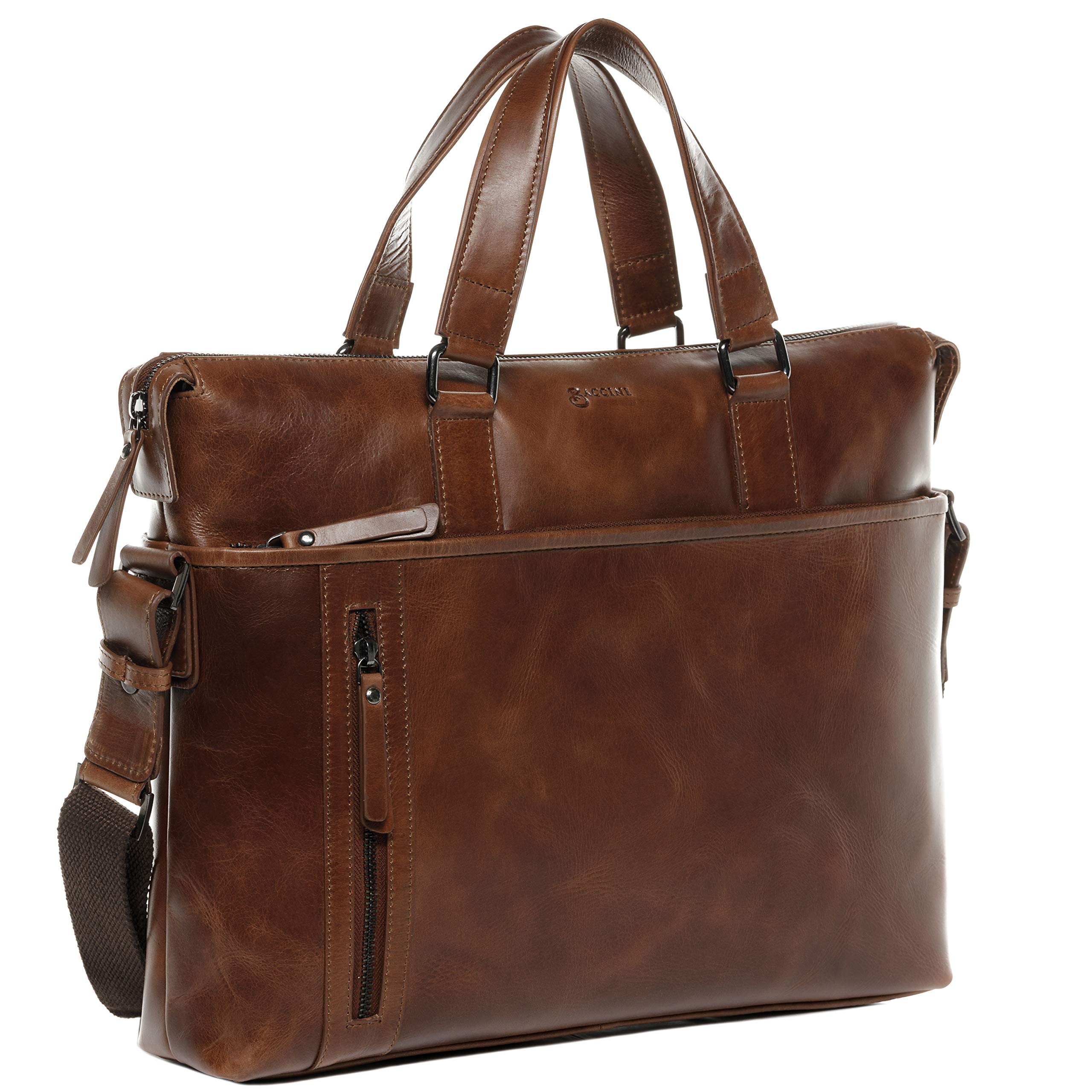 BACCINI Sac bandoulière Ordinateur Leandro | Compartiment 15" Laptop Cuir véritable | Sacoche Porte-Document en bandoulière Grand Homme Marron | Sac Messager école Etudiante Travail Fait à la Main