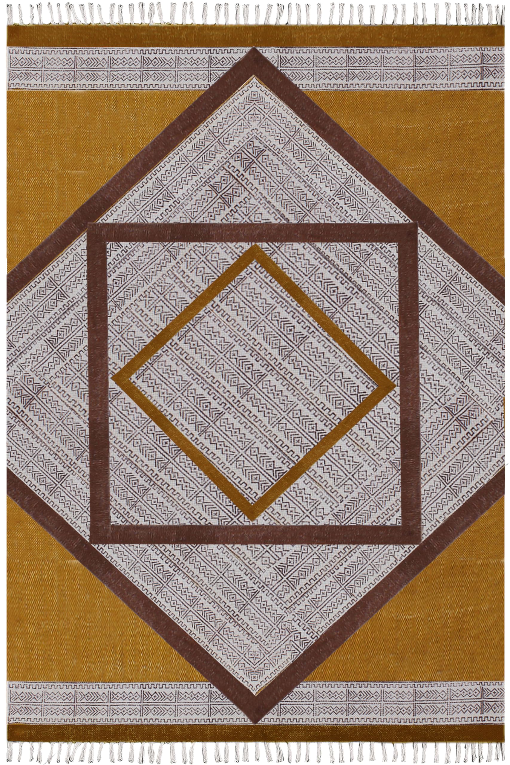 Tapis Kilim en coton 122x243 cm lavable jaune et beige pour salon et chambre