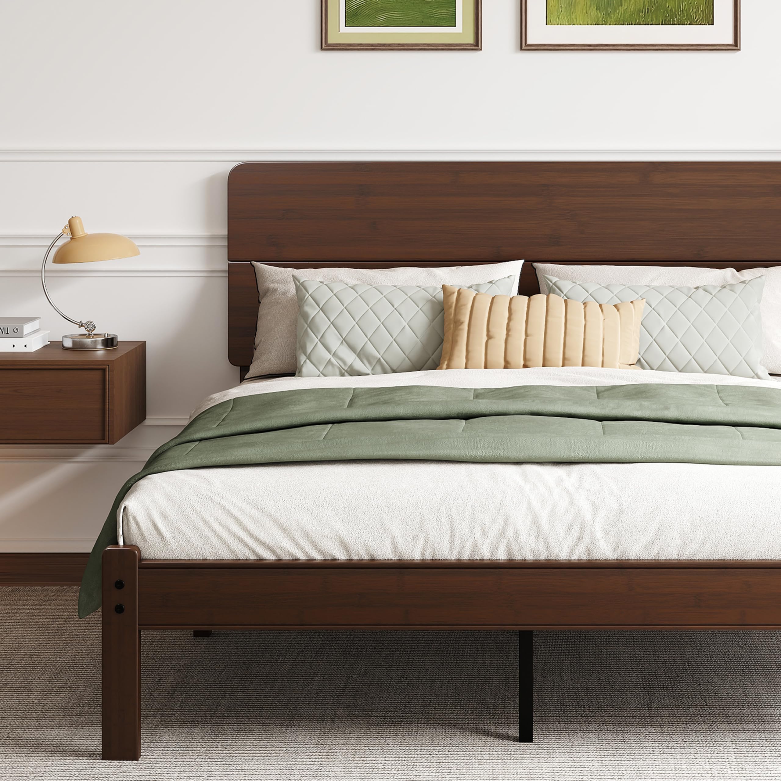 BOSRII 14in High Solid Bamboo Wood Platform Full Size Bed Frame with Headboard, Reinforced Heavy Duty Metal Slats, Noise Free, No Box Spring Needed, Easy Assembly, Walnut