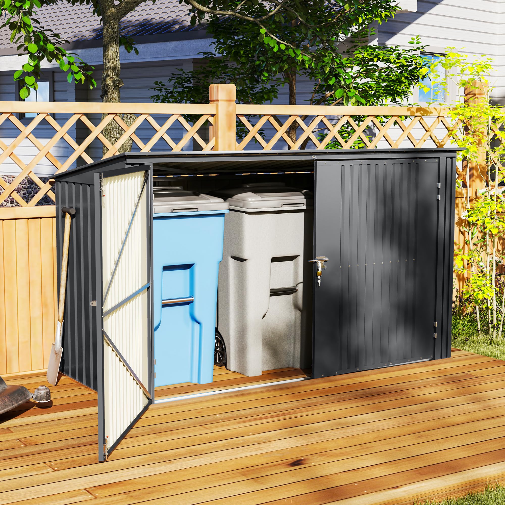 Outsunny Copribidone Spazzatura da Esterno per 3 Cassonetti da 240L, 233x105 cm Contenitore per Bidoni Rifiuti con 2 Porte e Serrature, 2.3m² Capanno da Esterno, Casetta per Bidoni in Acciaio, Grigio