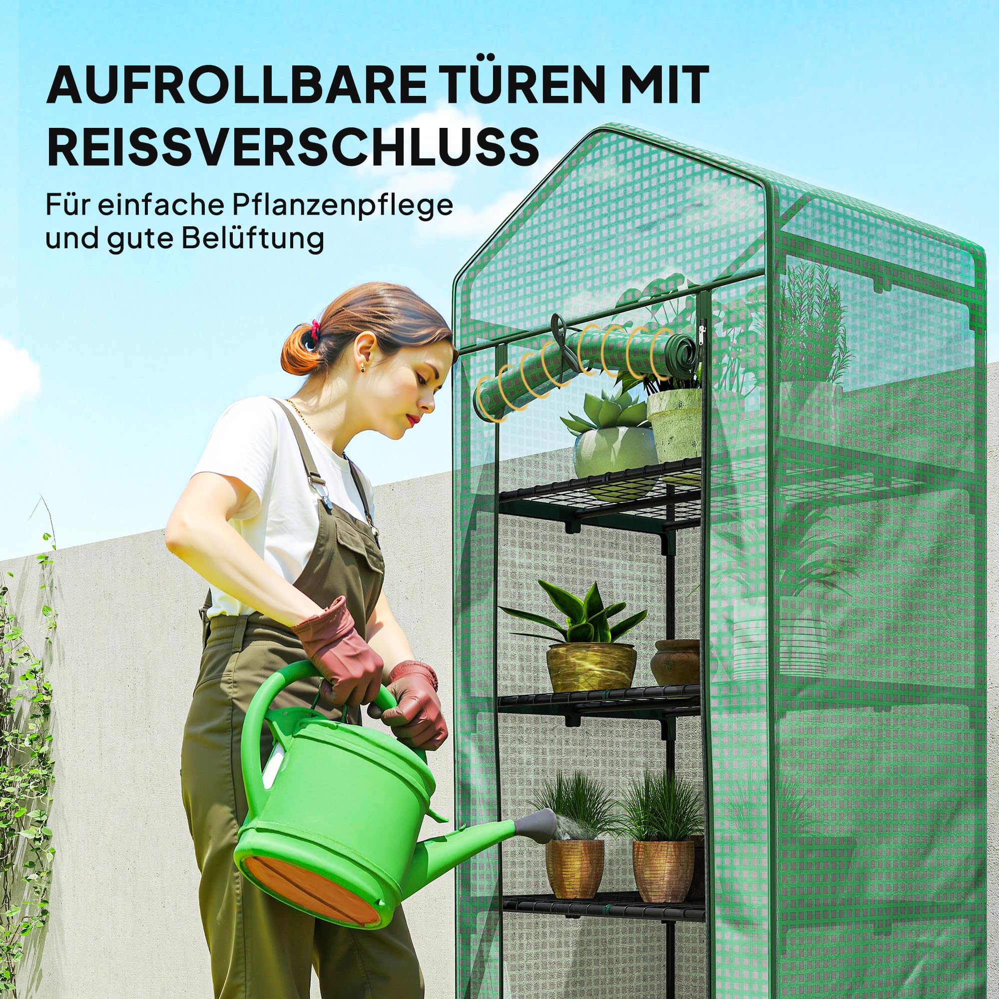 Outsunny Gewächshaus mit Rolltür, Regale, Winterfest Foliengewächshaus aus Stahl, Treibhaus für Balkon, Garten, Tomatenhaus 69 x 49 x 193 cm, Tomatengewächshaus für Tomaten, Blumen, Grün