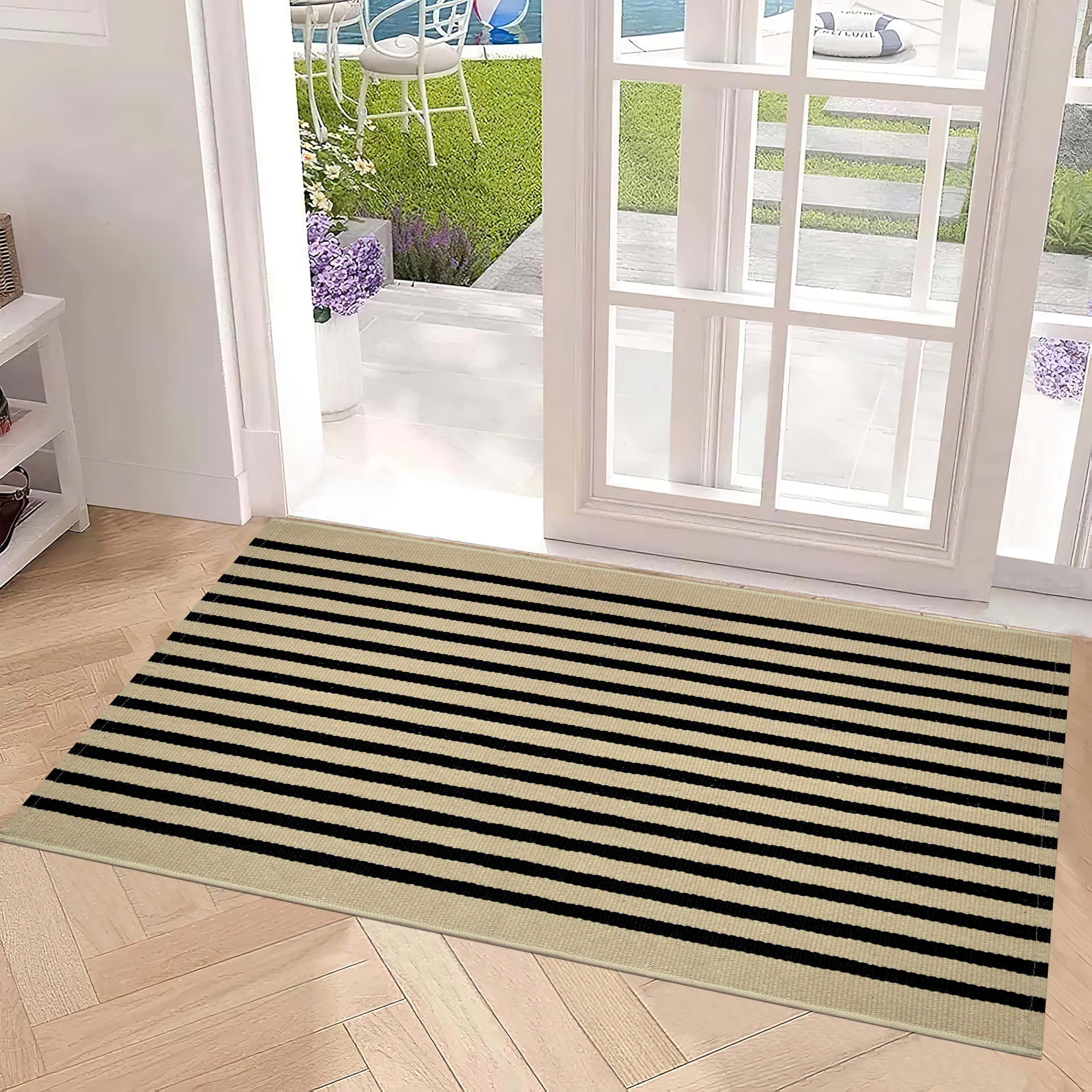Alfombra de Exterior a Rayas Negras y Caqui de 60 x 120 cm, Lavable, para