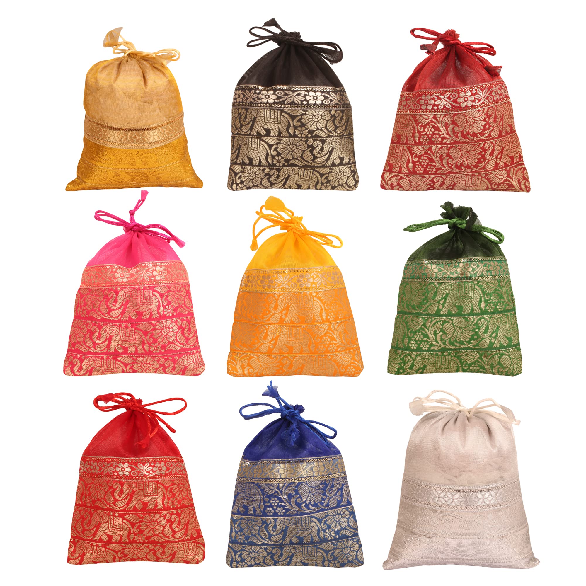 Touchstone Drawstring Bags Traditional Indian Handcrafted in Elephant Pattern Brocade fabric. Perfect for Gifts Jewelry Weddings Sweet Distribution Set of 9 Vibrant Multicolor Pouches Purses Potli