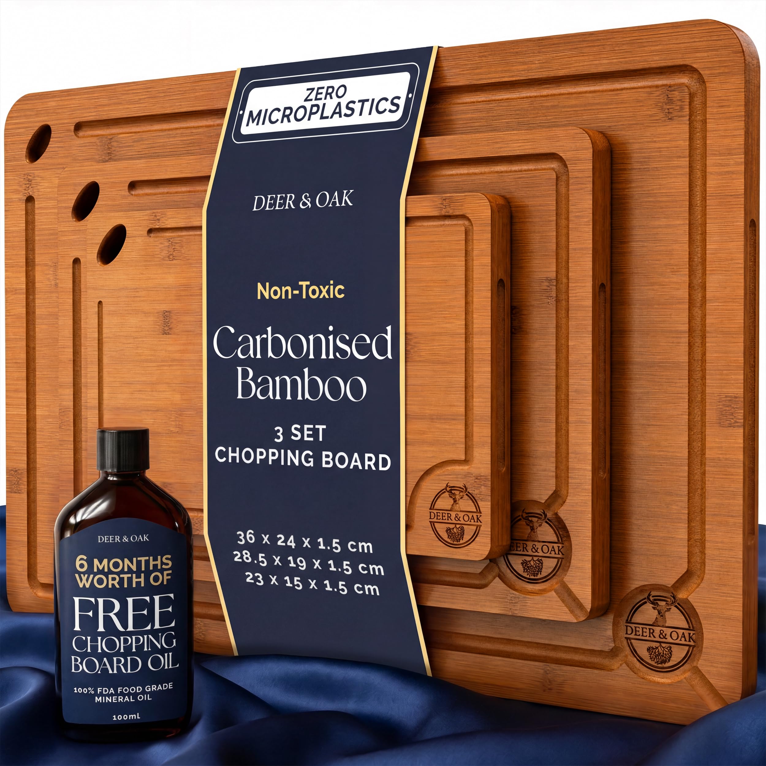 Deer & Oak 3-Piece Bamboo Cutting Board Set & Food Safe Mineral Oil Bundle, Carbonised Bamboo Chopping Boards with Hanging Hole + 100ml Food Grade Wood Oil, Pre-Oiled Kitchen Set