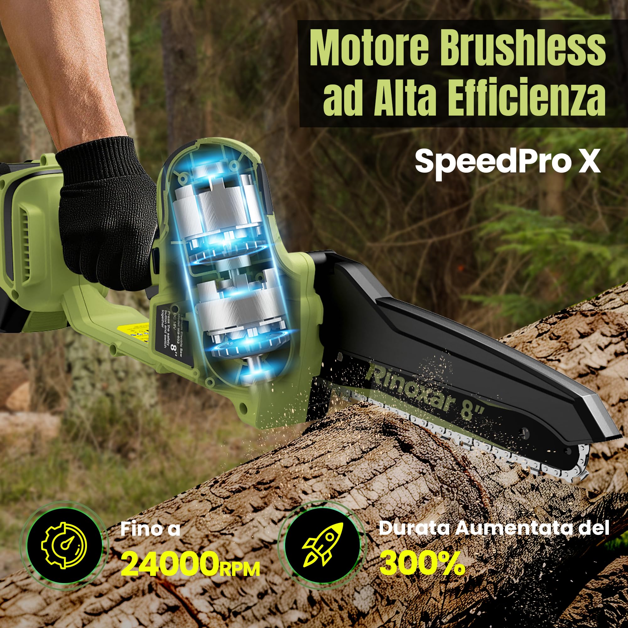Motosega a Batteria 8 Pollici, Motosega Elettrica con 2×5200 mAh Batterie, Motore Brushless, Lubrificazione Automatica, Tensionamento Catena Senza Attrezzi, Sega per Potatura Legno e Rami