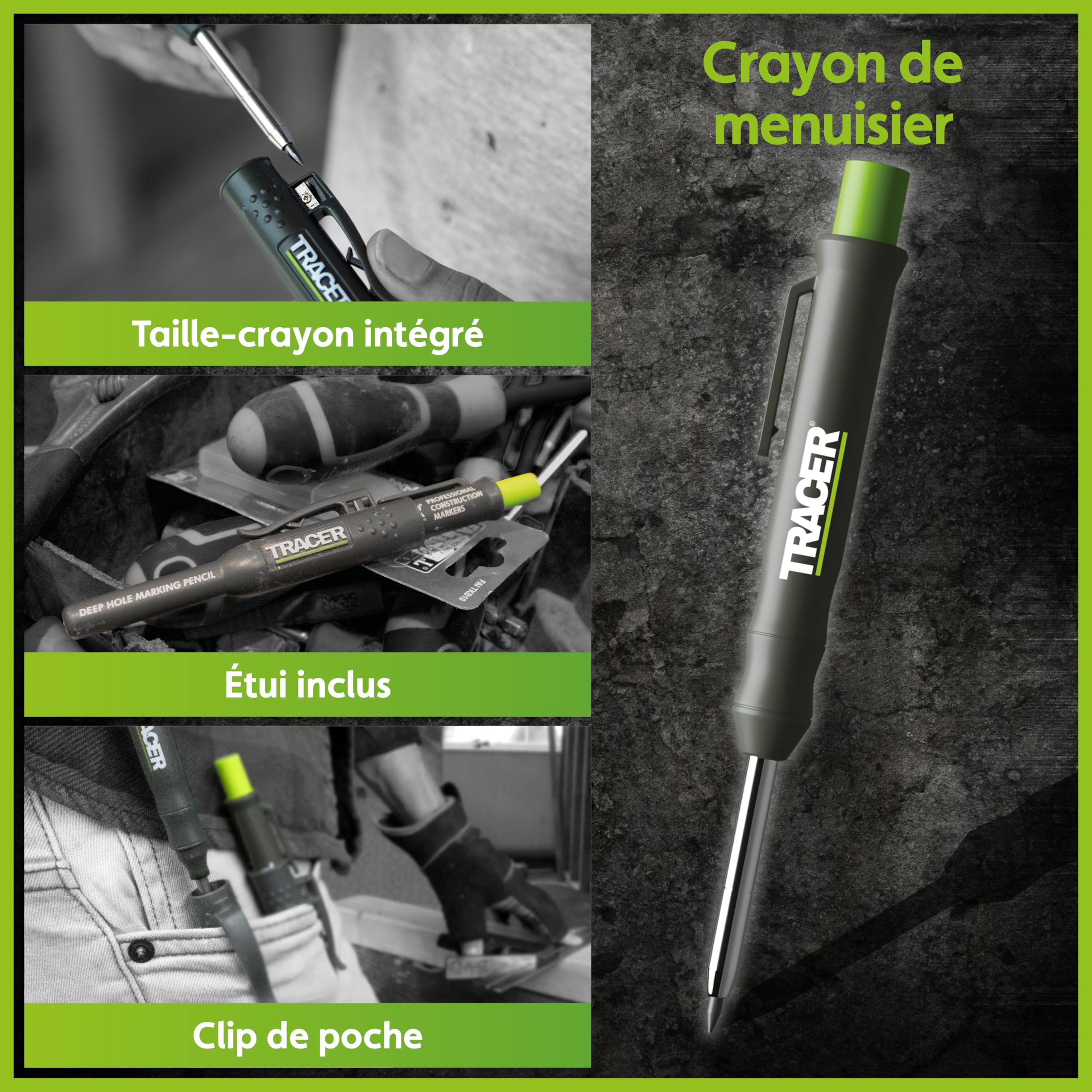 Tracer Kit de 5 marqueurs de construction avec étui de rangement – Crayon de charpentier, 2 marqueurs à pointe longue, marqueur sans obstruction et distributeur de mines de rechange