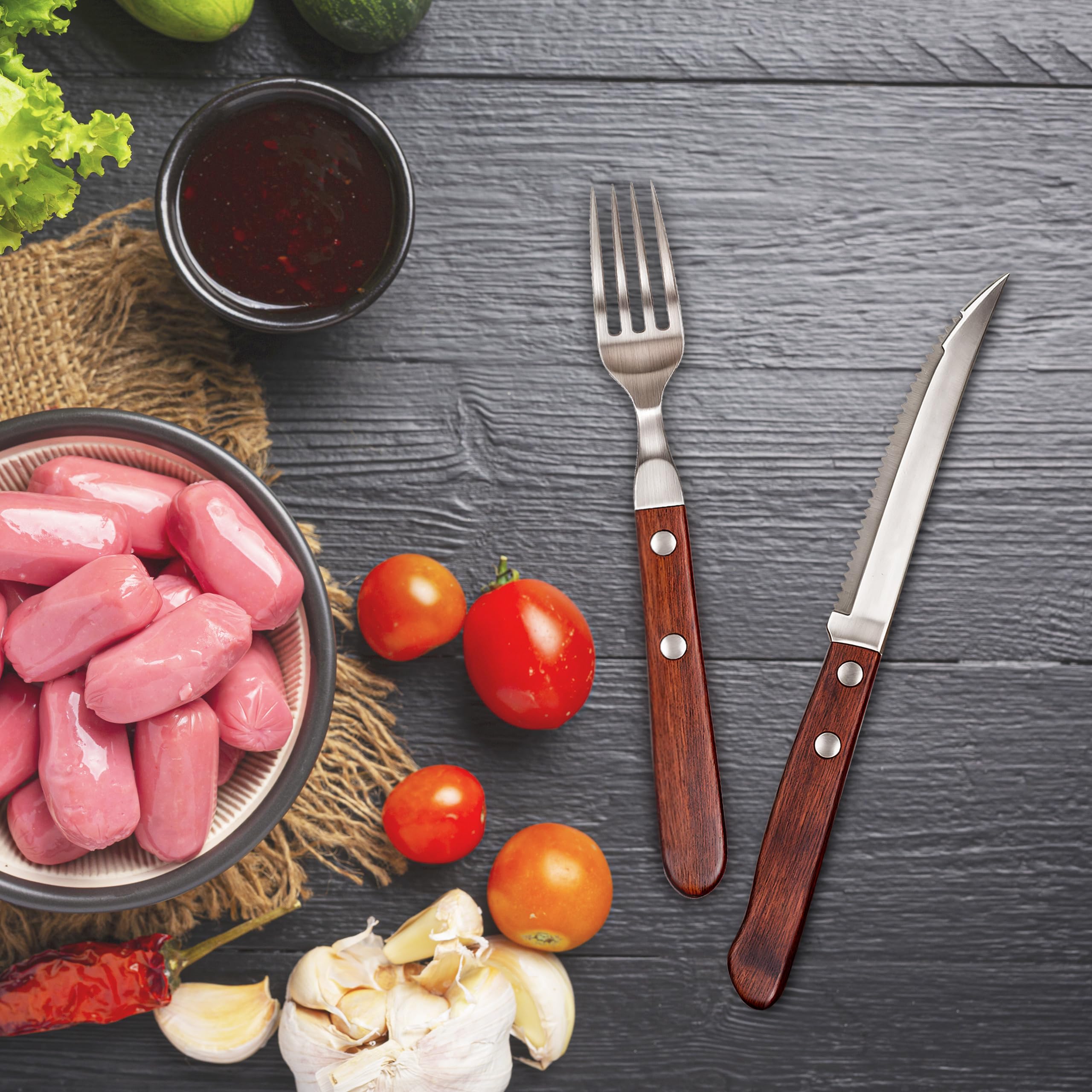 Steakbesteck edelstahl holz set 12 teilig mit 6 teilig Steakmessern und 6 teilig Steakgabeln