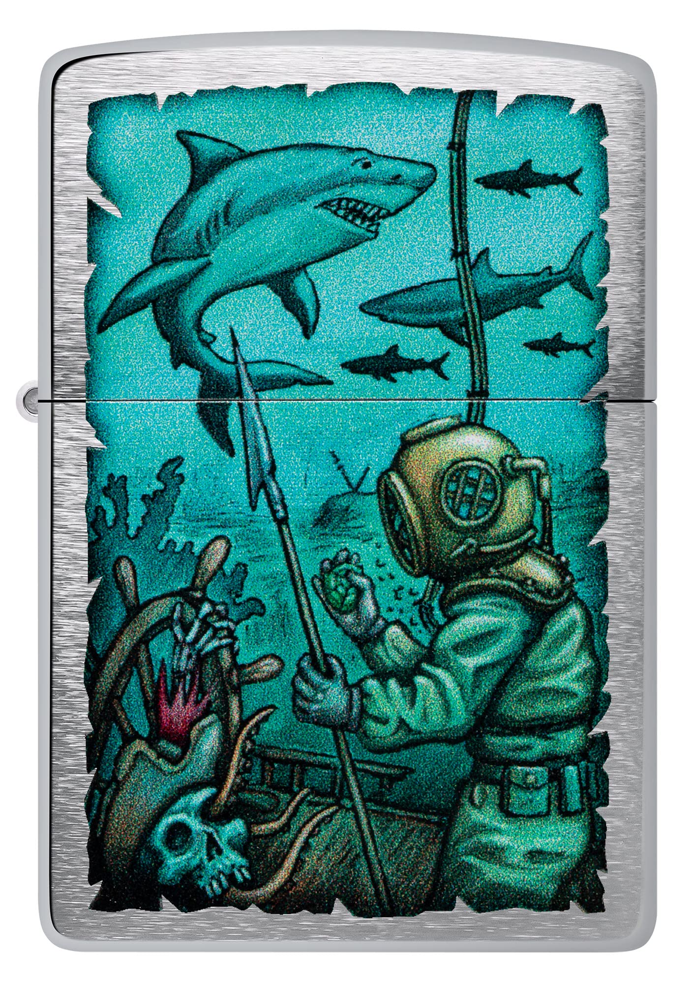 Zippo Shark Nautical Design Brushed Chrome Pocket Lighter, Deep Sea Diver Shark Brushed Chrome - Image 2