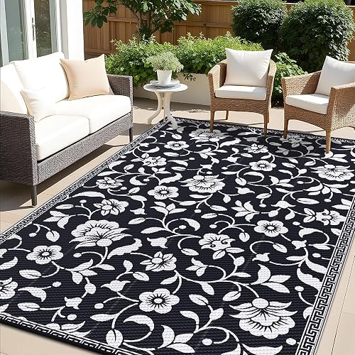 OLANLY Outdoor Rug 6x9 ft Waterproof Reversible Floral Mat (Black & White)