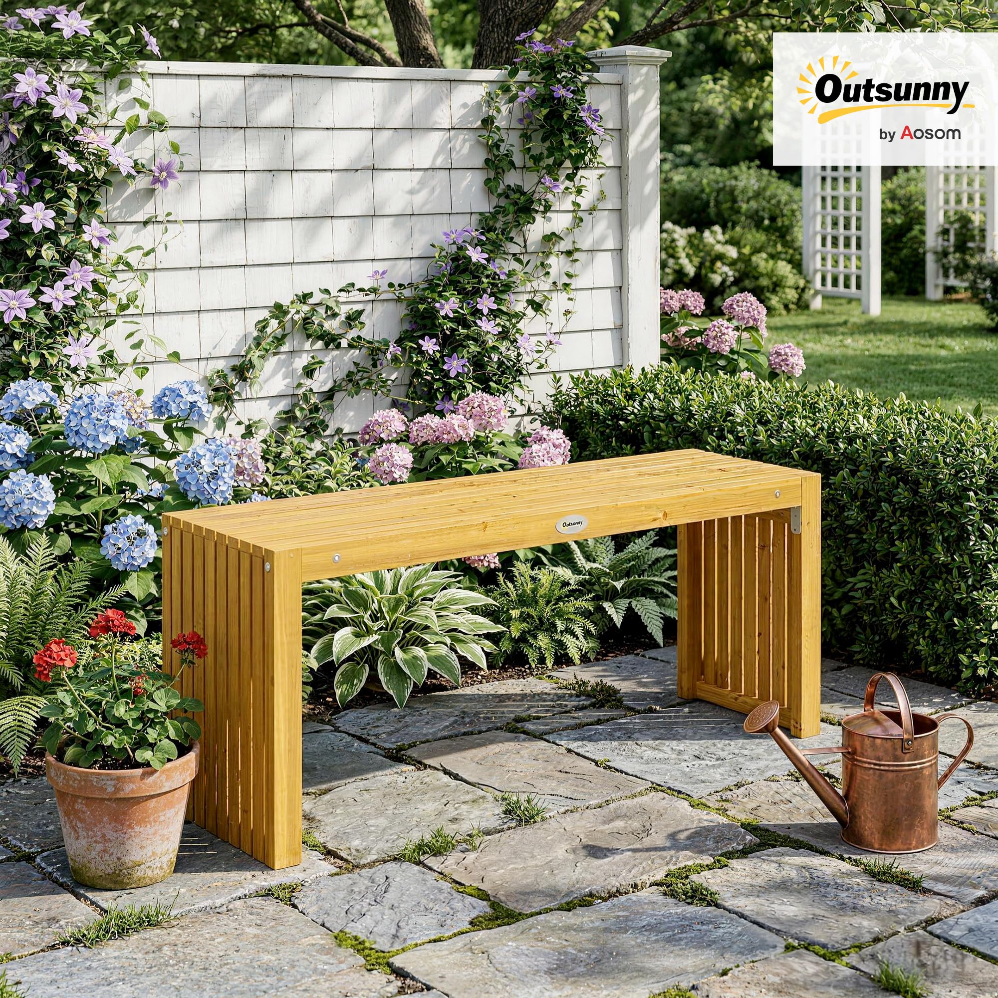 Outsunny Banc de Jardin en Bois d'Acacia, Banc d'Extérieur sans Dossier 2 Places avec Assise à Lattes Effet Bois, Charge 240 kg, 110x30x45cm, Bois Naturel
