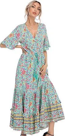 R.Vivimos Women's Summer V-Neck Floral Print Boho Midi Dress