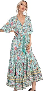 Womens Summer Cotton Short Sleeve V Neck Floral Print Casual Bohemian Midi Dresses - Buy now