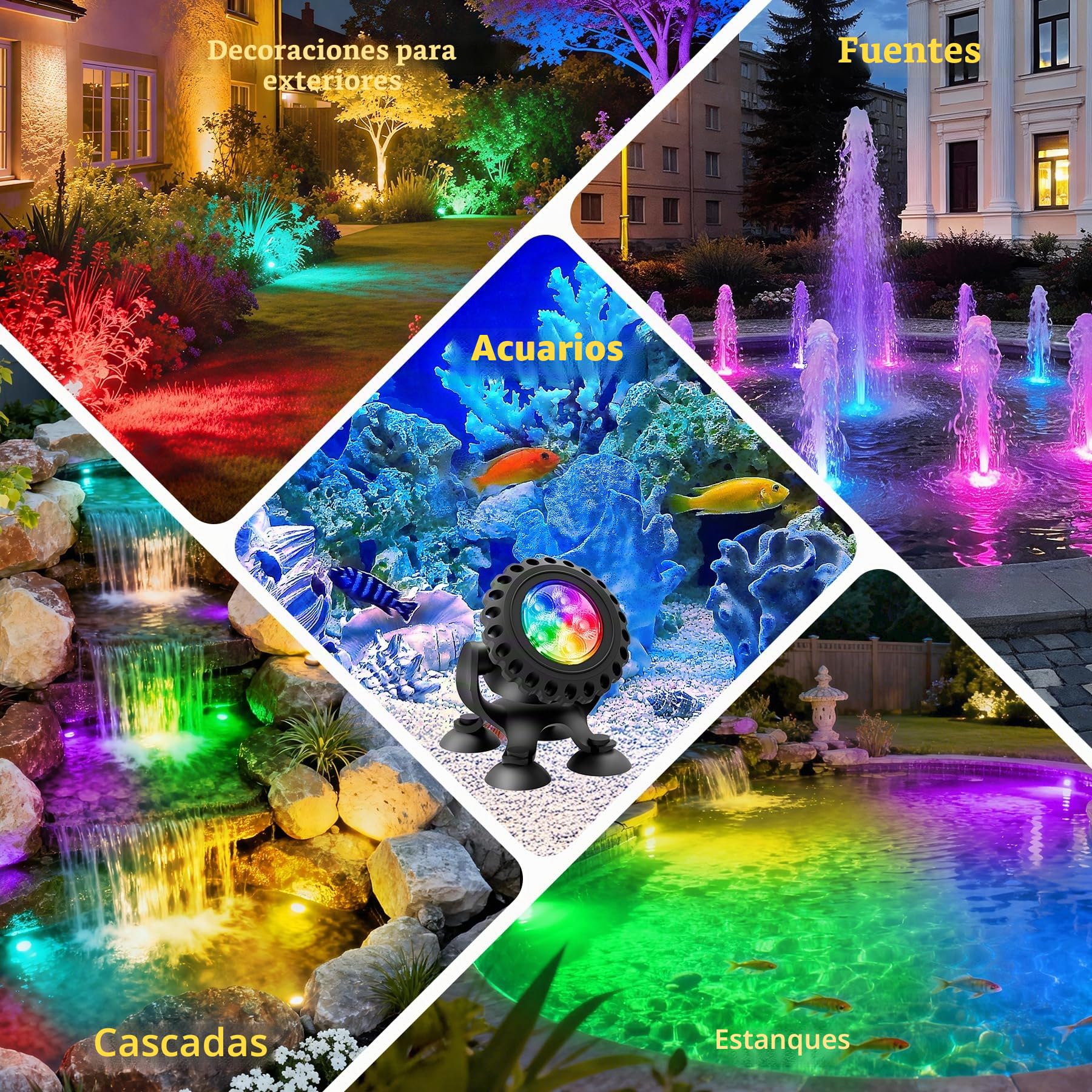 NATPOW Luces de Estanque Alimentadas por Red, focos led piscina, APP y control remoto de conexión, IP68 Impermeables, para Decoración Acuario Jardín, Patio, Piscina (6 in 1)