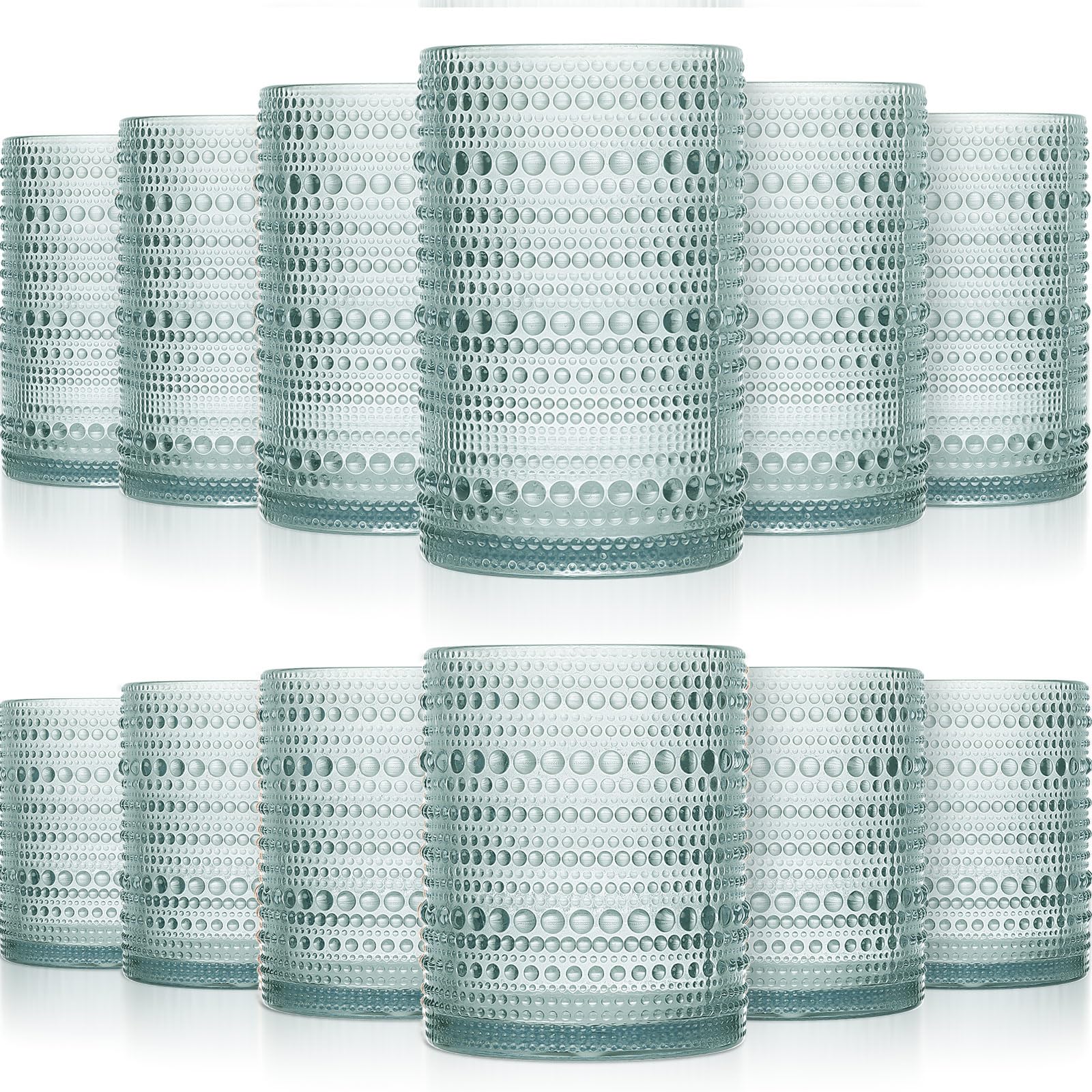 Foaincore 12 Count Hobnail Drinking Glasses Set Vintage Glassware Old Fashioned Beverage Glasses Bubble Cocktail 14 oz 11 oz Rocks Glass Cup (Morandi Green)