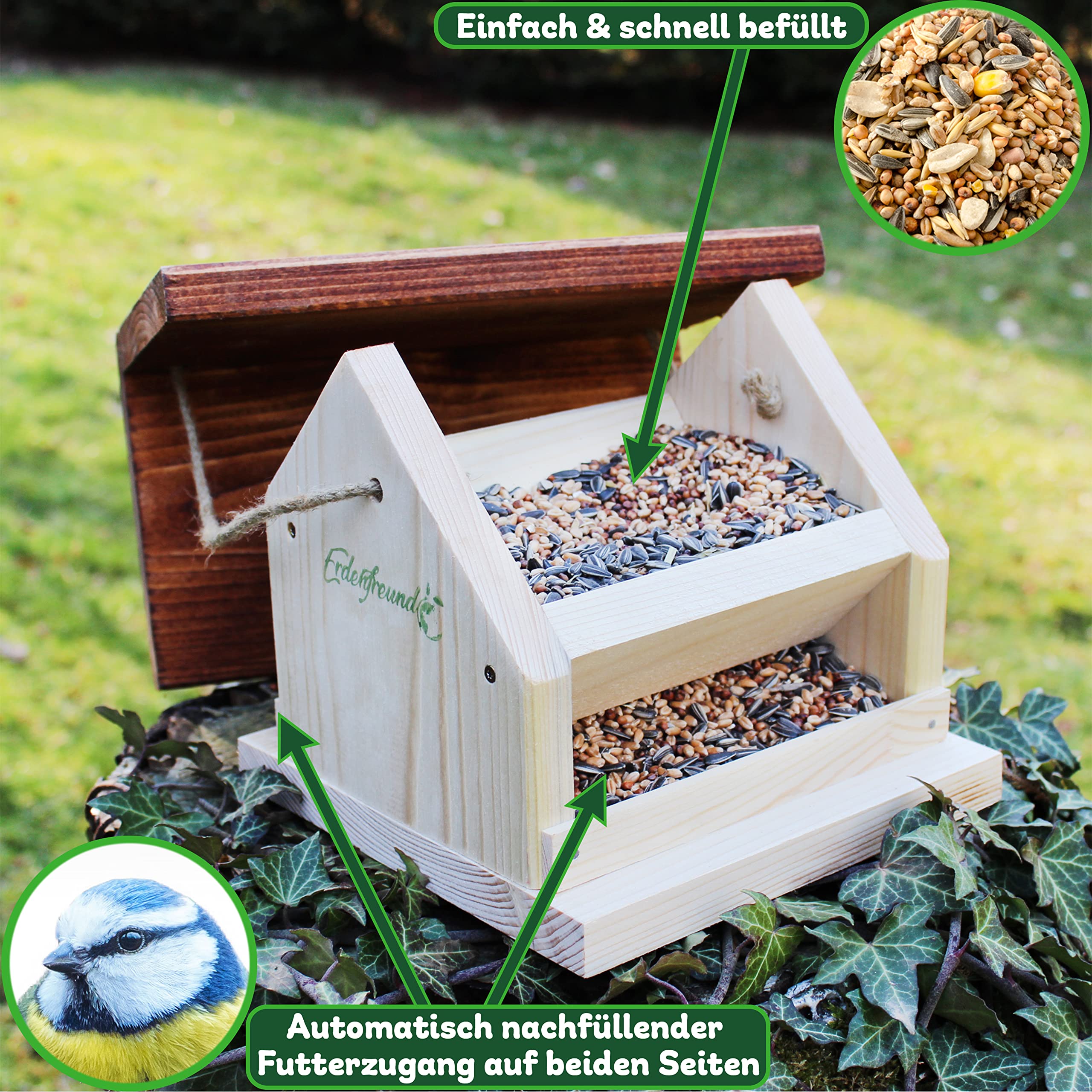 ERDENFREUND® Vogelfutterhaus mit Silofunktion für Wochenrationen Vogelfutterspender 2-seitiger Zugang für Gartenvögel Futterhaus für Vögel wetterfest