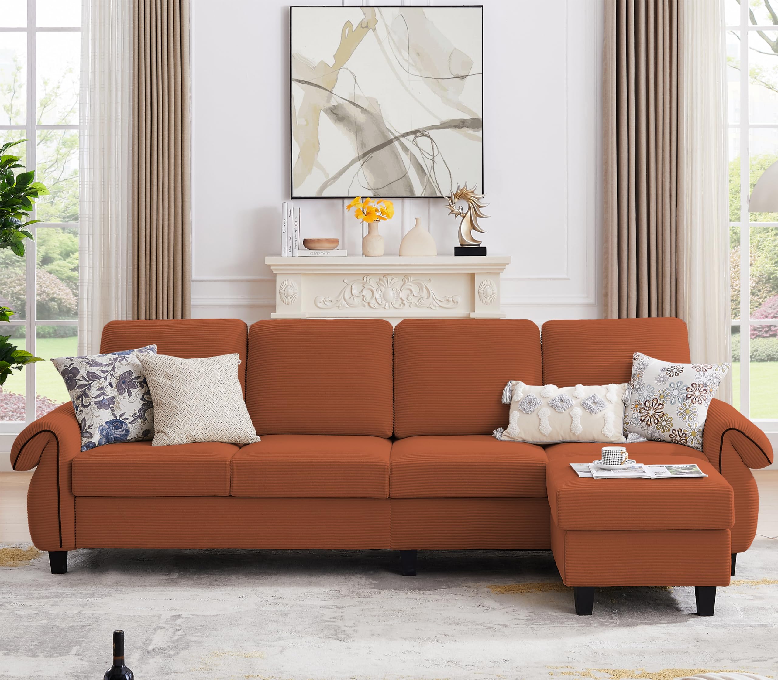 Pingliang Home112" Sectional Sofa Couch, 4 Seat L Shaped Couch with Reversible Ottoman and Wooden Legs, Modern Polyester Fabric Couches for Living Room Apartment Office, Orange