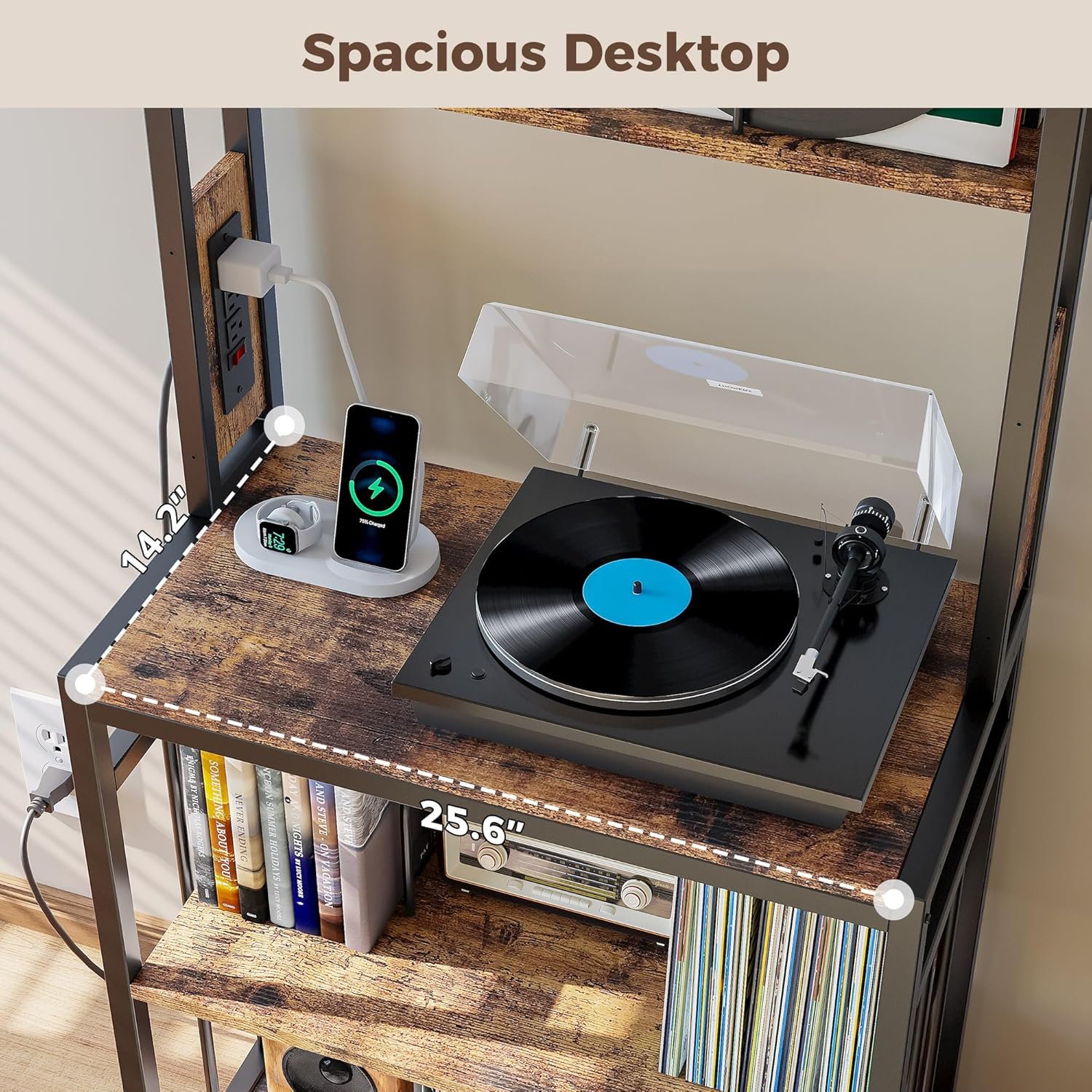 IRONCK Record Player Stand, 2-Tier Vinyl Record Storage, Large Record Player Table with Charge Station, Turntable Stand with Record Rack Holds Up to 300 Albums for Living Room