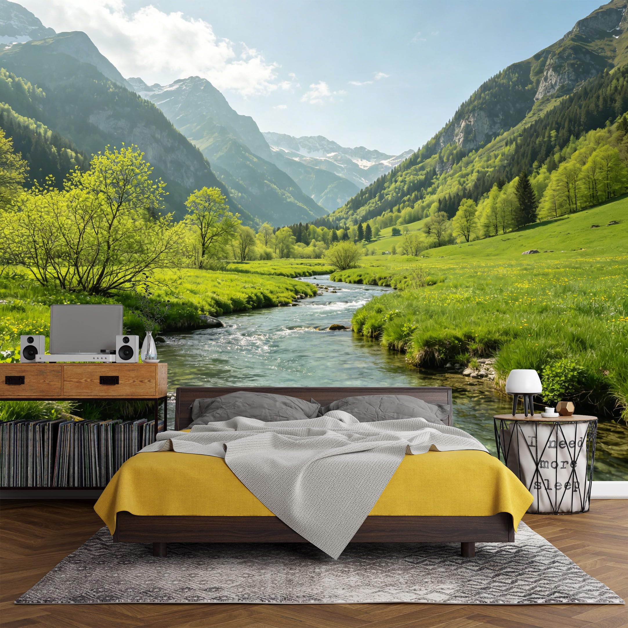 Custom Size Wall Mural， Mountain Lake Valley River Landscape Nature Scenic View，SelfAdhesive Art Prints wall Fabric (No PVC) Removable Wallpaper Living Room Decor