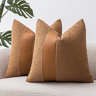 18"x18" Tobacco Boucle Throw Pillow Covers with Faux Leather Accents Set of 2 Fluffy Textured Decorative Pillow Cases for Couch Bed Boho Farmhouse Square Cushion Covers for Nordic Home Décor