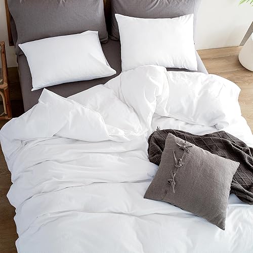 Miniatura 4 de ATsense Funda de edredón tamaño Queen, 100% algodón lavado, tacto súper suave y cómodo, juego de ropa de cama de 3 piezas, funda de edredón blanca