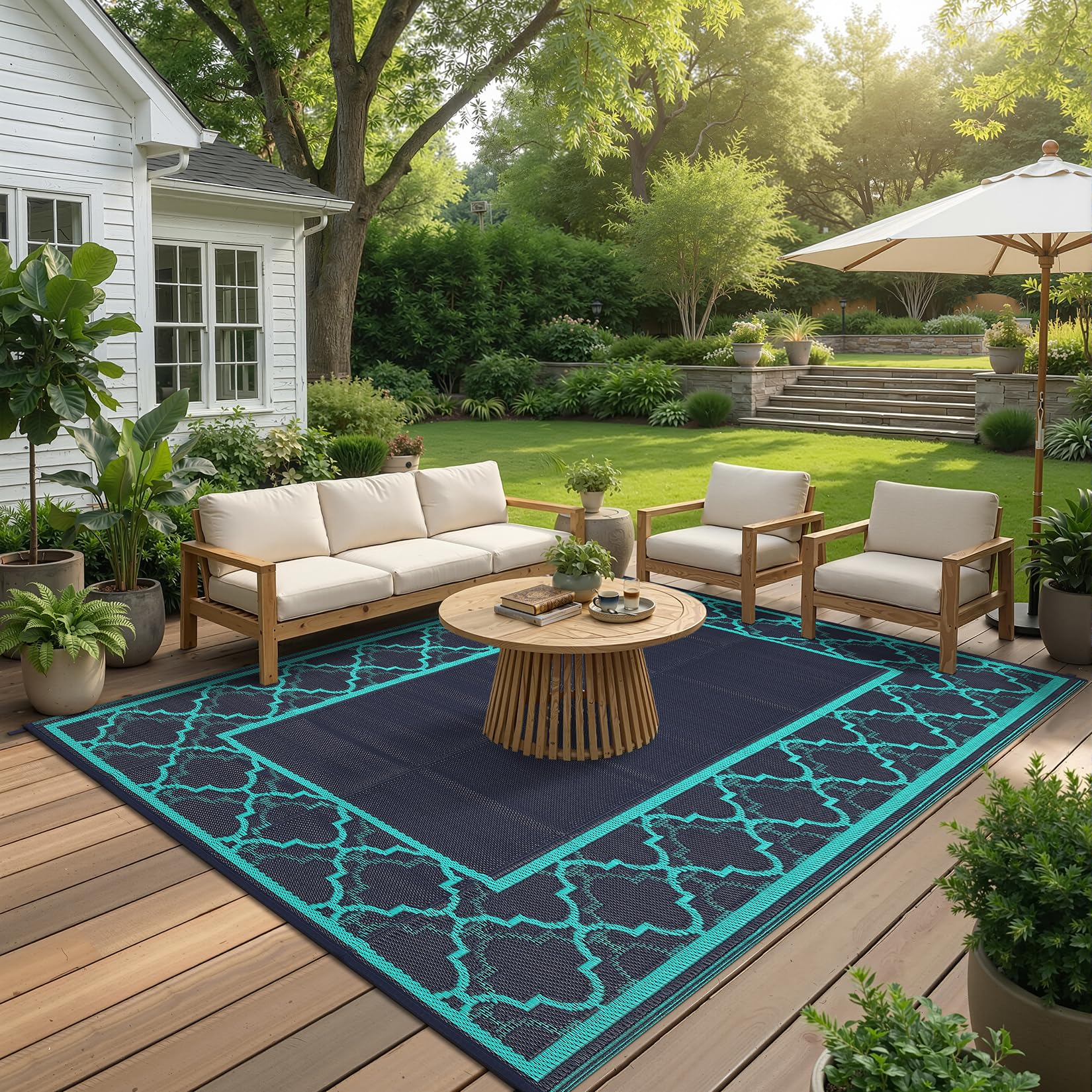 Garvee Reversible Outdoor Rug 6x9, Waterproof Outdoor Plastic Straw Rug with Interlacing Pattern, RV Mat for Picnics, Patio, Camping, Balcony, Deck,