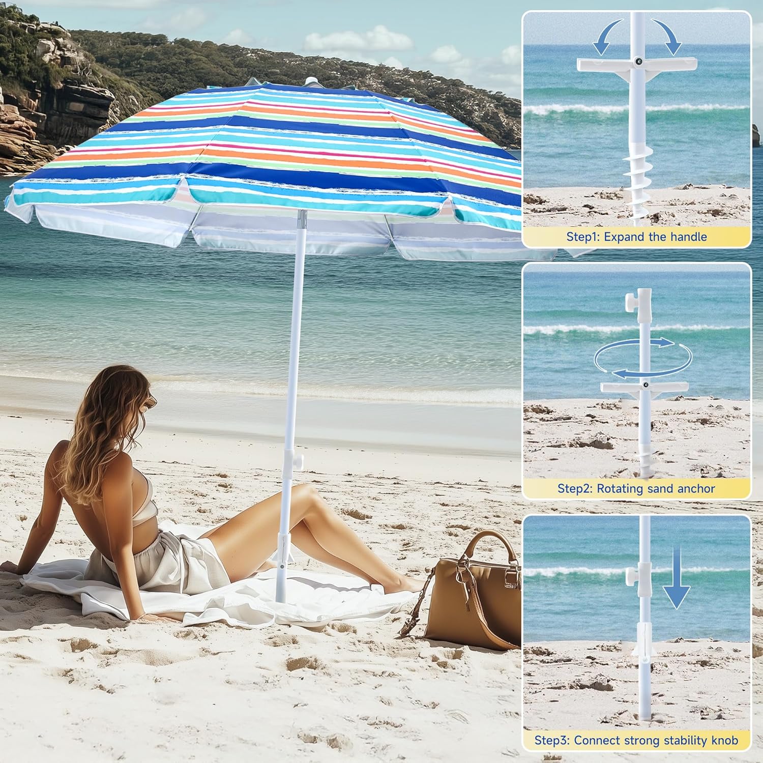beach umbrella with sand anchor,UPF 50 protection,8 ribs, beach umbrellas for sand portable,with button tilt - multifunctional outdoor sunshade for gardens,courtyards,and beaches.