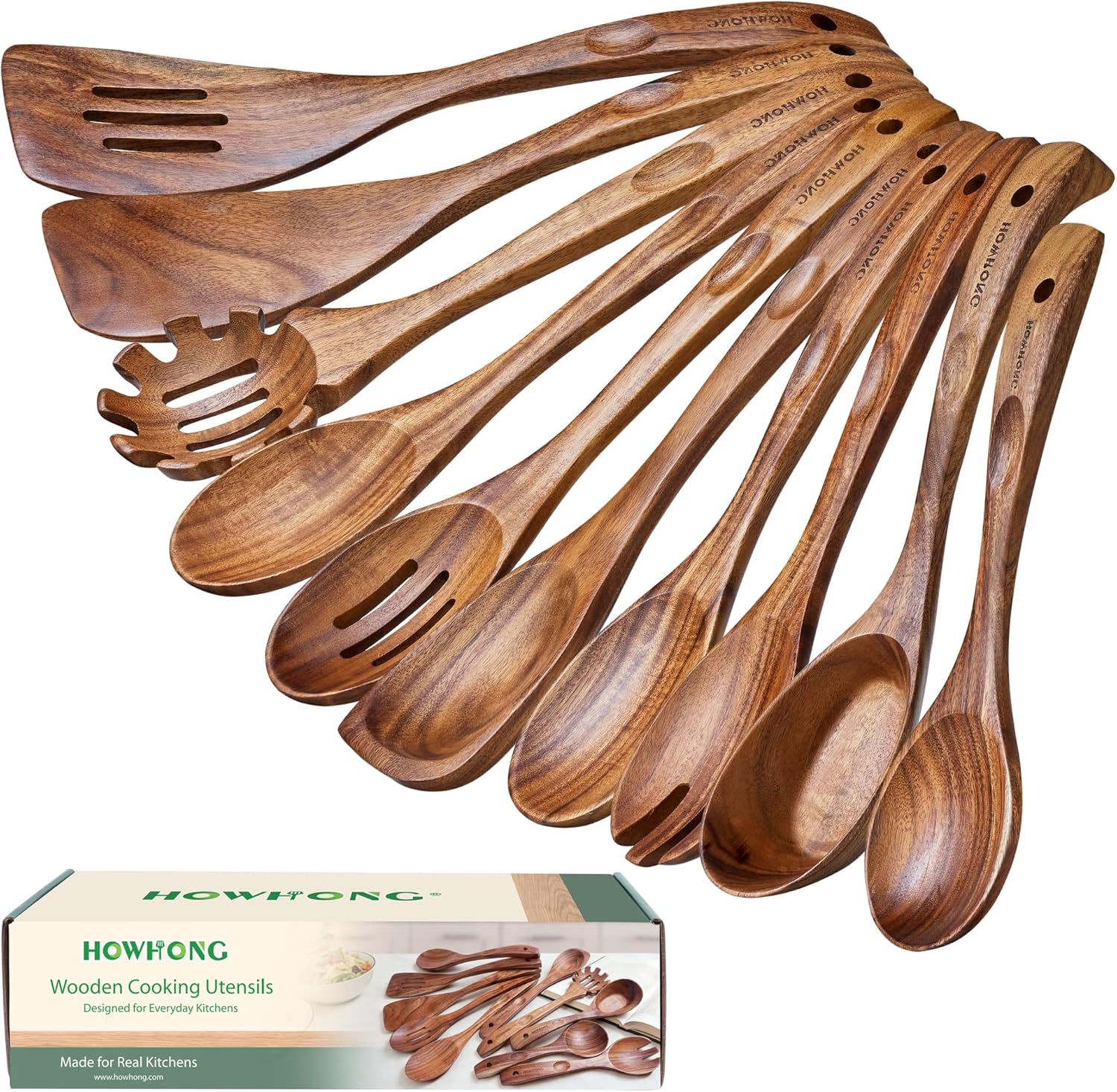 Wooden Cooking Utensils Set, Acacia Wood Wooden Spoons for Cooking with Thumb Rest, Ergonomic Curved Handle, Smooth Finish, Nonstick Safe, Gift Ready