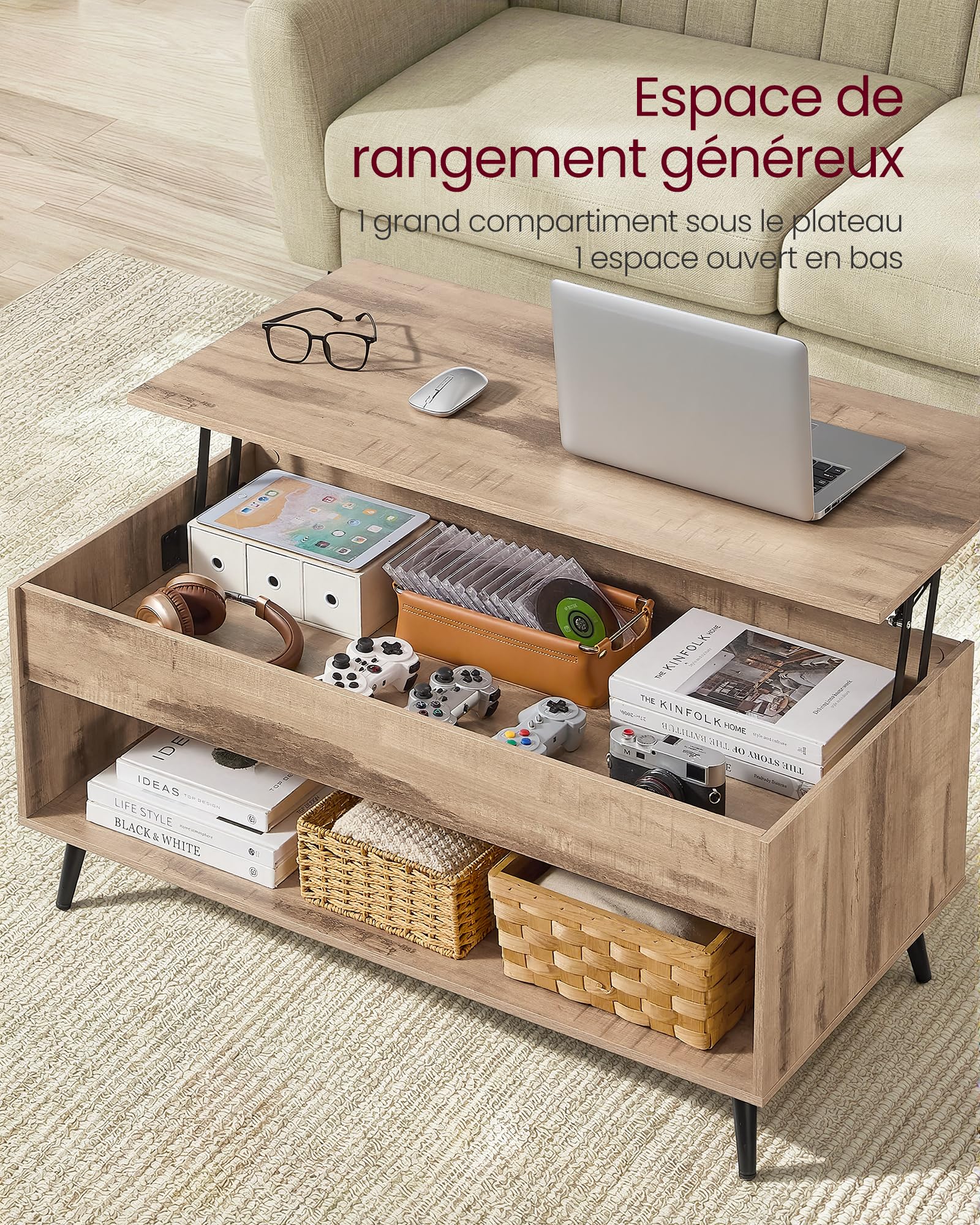 VASAGLE Table Basse, Table Basse Relevable, Vérin à Gaz, Compartiment sous Le Plateau, Compartiment Ouvert, pour Salon, Bureau, Salle à Manger, Marron Camel et Noir d'encre LCT267LB01