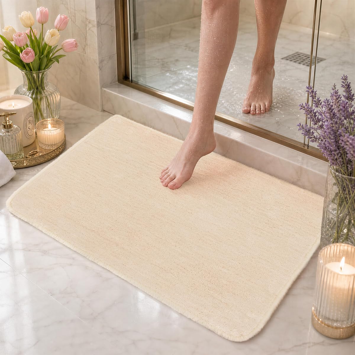 Bathroom Rug 17x24,Absorbent Quick Dry Non Slip Washable Bathroom Mat,Ivory | Ultra Soft Rubber Backing Bath Mat,Microfiber Fluffy Cute Bath Rugs for Bathroom Floor, Shower and Tub,Home Decor Accessories