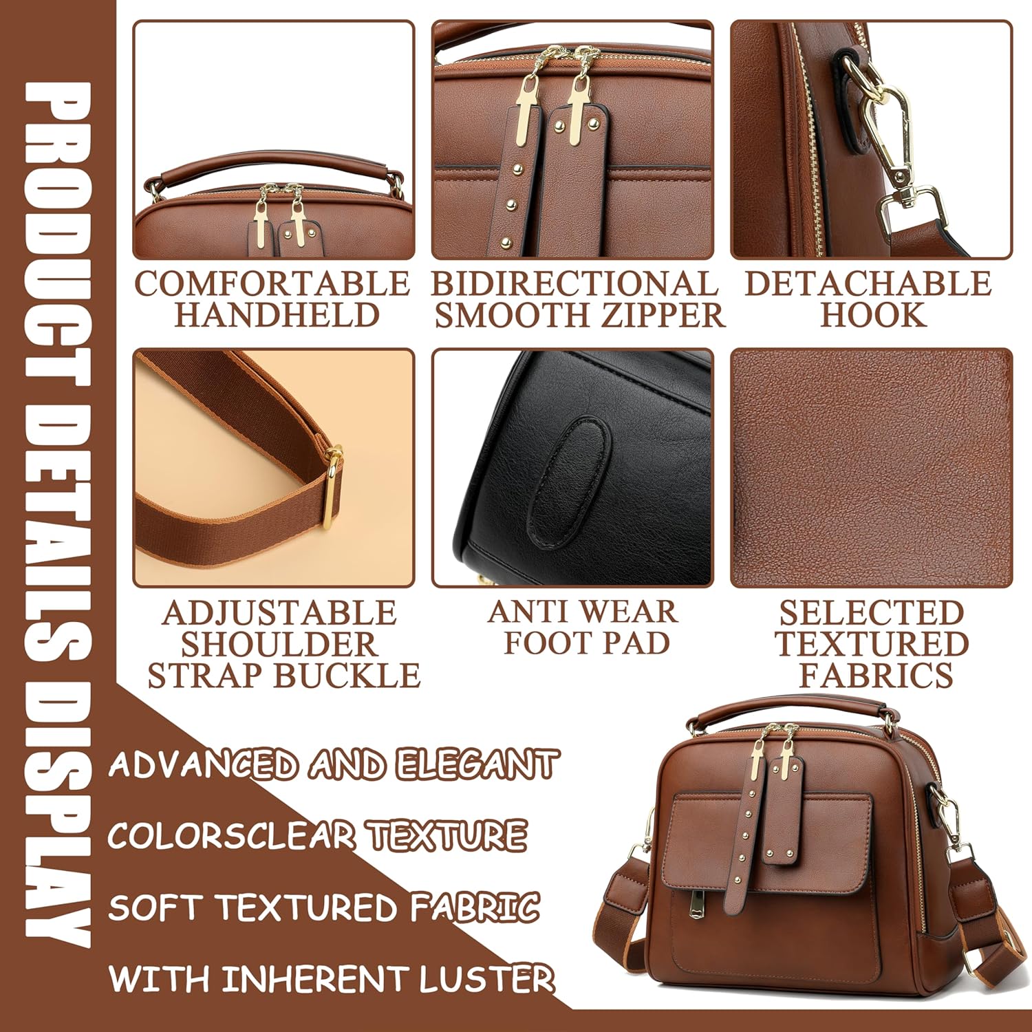 Ladies Shoulder Purses With Double Zipper Closure Handbags With Adjustable Strap