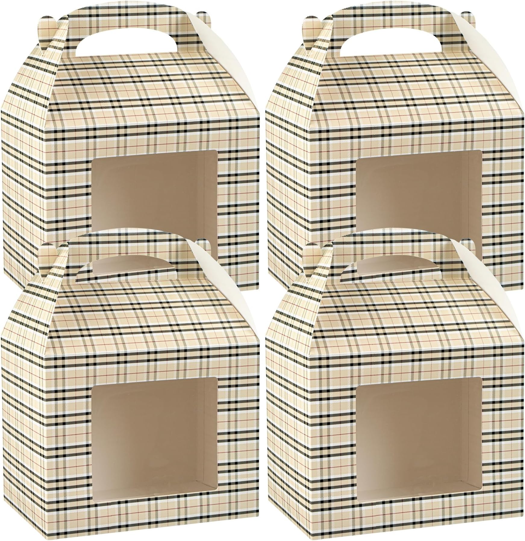 Restaurantware - Bio Tek 10 x 7 x 8 Inch Gable Boxes For Party Favors, 100 Durable Gift Treat Boxes - Plaid Pattern, Clear PET Window, Paper Barn Boxes, With Built-In Handle, Disposable