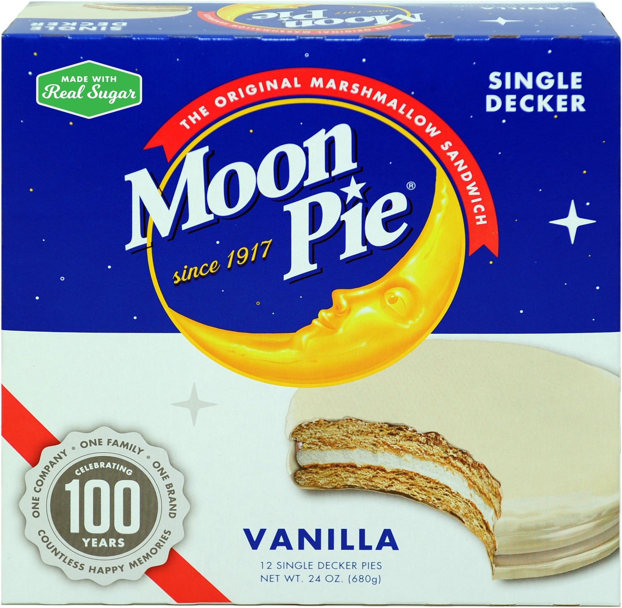 MoonPie Single Decker Vanilla Marshmallow Sandwich - 24 Ounce (Pack of 8) | Vanilla Covered Graham Cracker & Marshmallow Pie