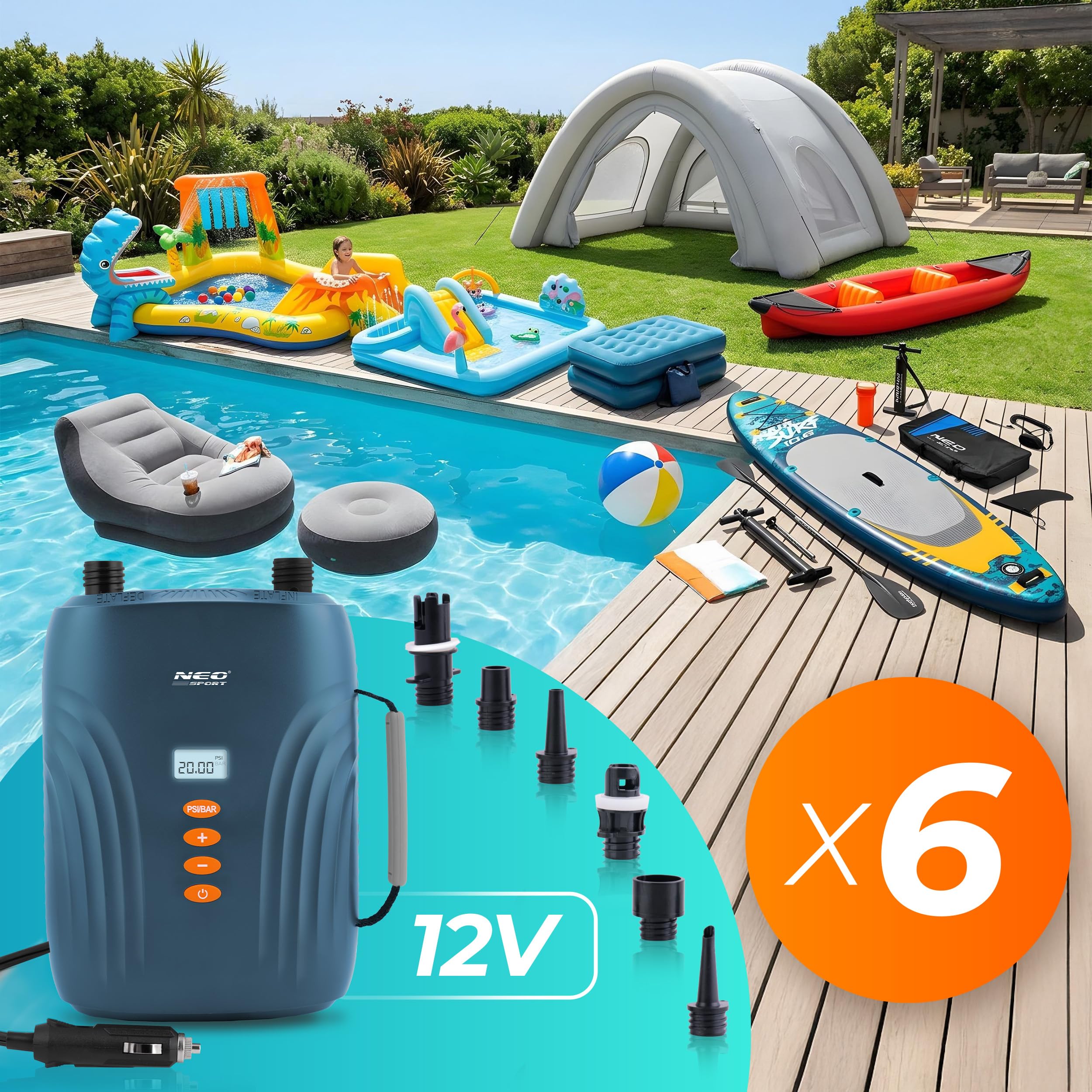 Neo-Sport Pompka Elektryczna do SUP i Materaca Turystycznego 12 V - 20 PSI Double Motor 6 Końcówek - Szybkie Pompowanie i Wypompowywanie Desek SUP Pontonów i Kajaków