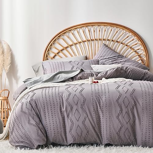 Miniatura 1 de Senville Juego de funda de edredón gris bohemio tamaño Queen, juego de funda de edredón con textura geométrica de pompones, 3 piezas, microfibra