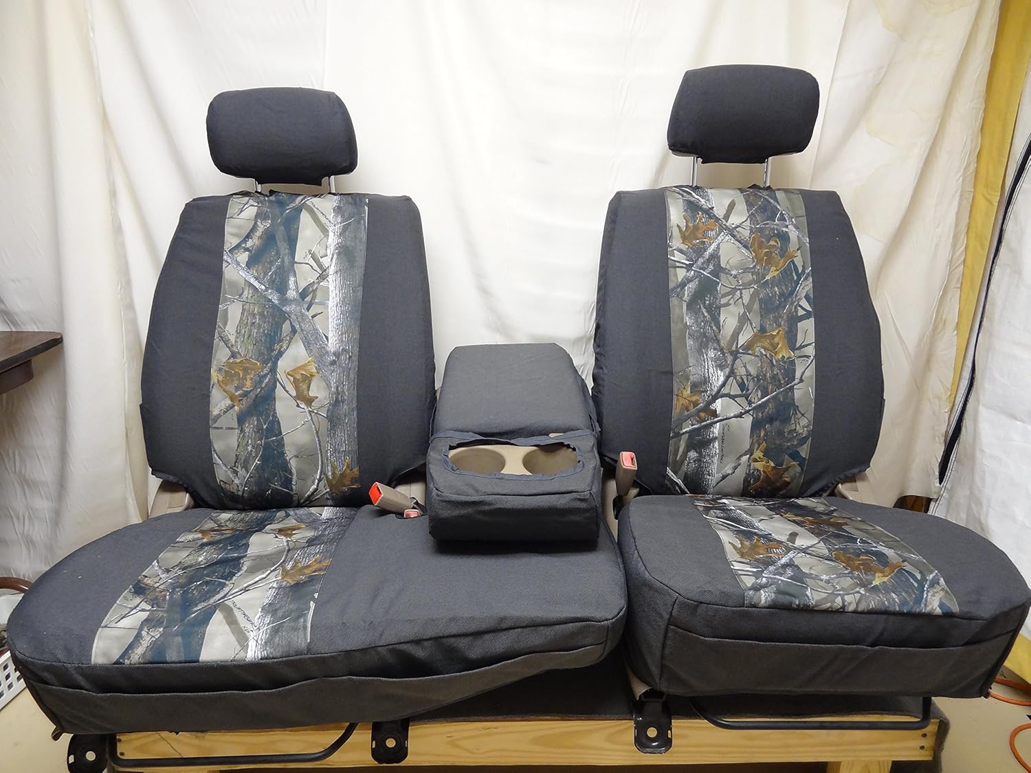 Durafit Seat Covers, Made to fit 2000-2004 Tundra Front 40/60 Split Seats with Fold Down Console. Dark Gray Automotive Twill with XD3 Endura Camo Inserts.