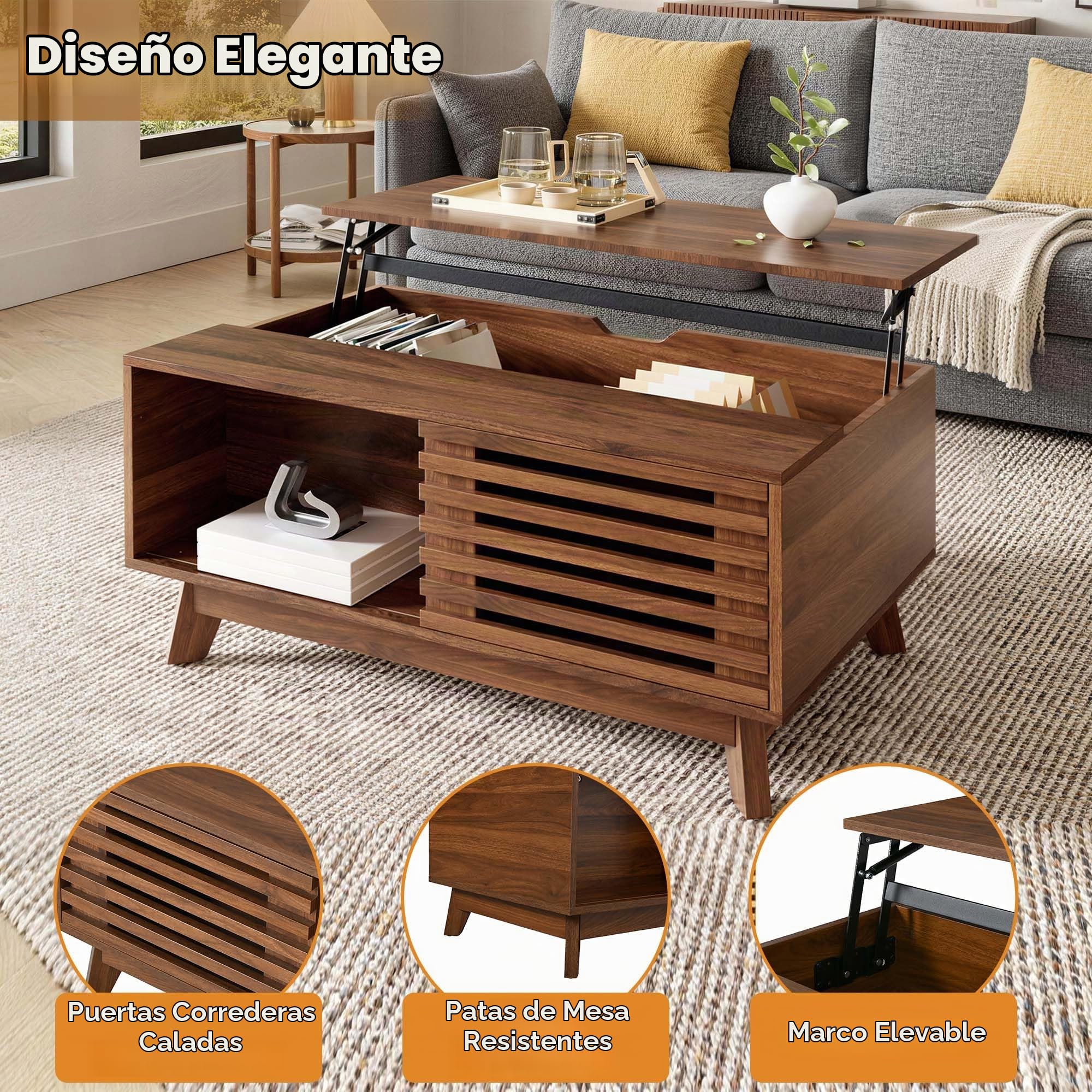 SACOOL Mesa de centro moderna retro, altura ajustable, puerta corredera, efecto nogal, cuerpo de MDF, mesa de salón multifuncional, nogal