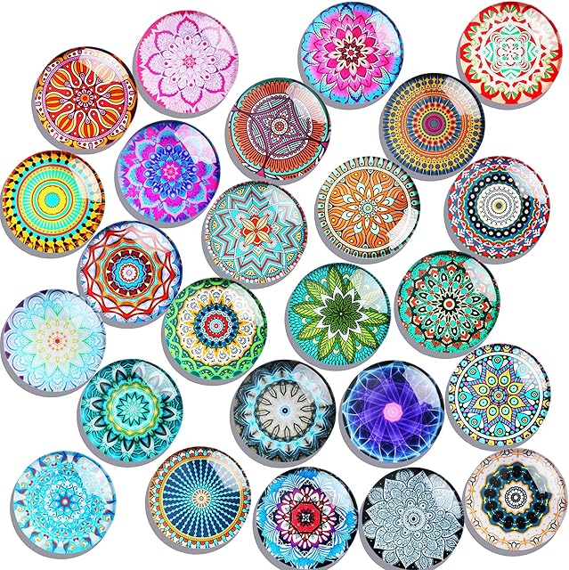 SOSMAR 24 Notice Board Magnets Planning Magnets, 30mm Glass Fridge Magnets Magnetic Whiteboard Magnets for Photo, Map, Kid's Drawing, Arts Crafts, Office Organizing (Mandala Style 2)