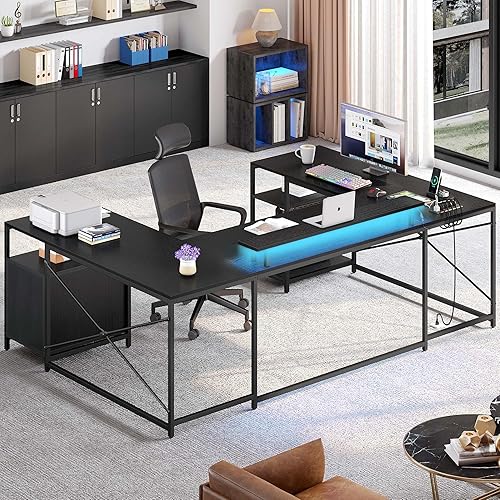 Miniatura 6 de YITAHOME Escritorio en Forma de U con Tomas de Corriente y Luces LED, Escritorio Reversible en Forma de L de 79" con Cajones, Escritorio de Esquina