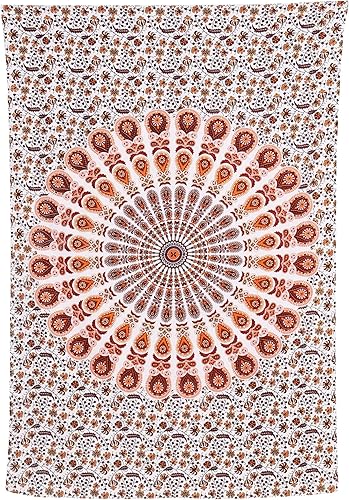 Miniatura 37 de Tapiz hippie indio bohemio psicodélico dorado mandala de pavo real azul dorado para colgar en la pared (naranja marrón, King (88 x 104 pulgadas)